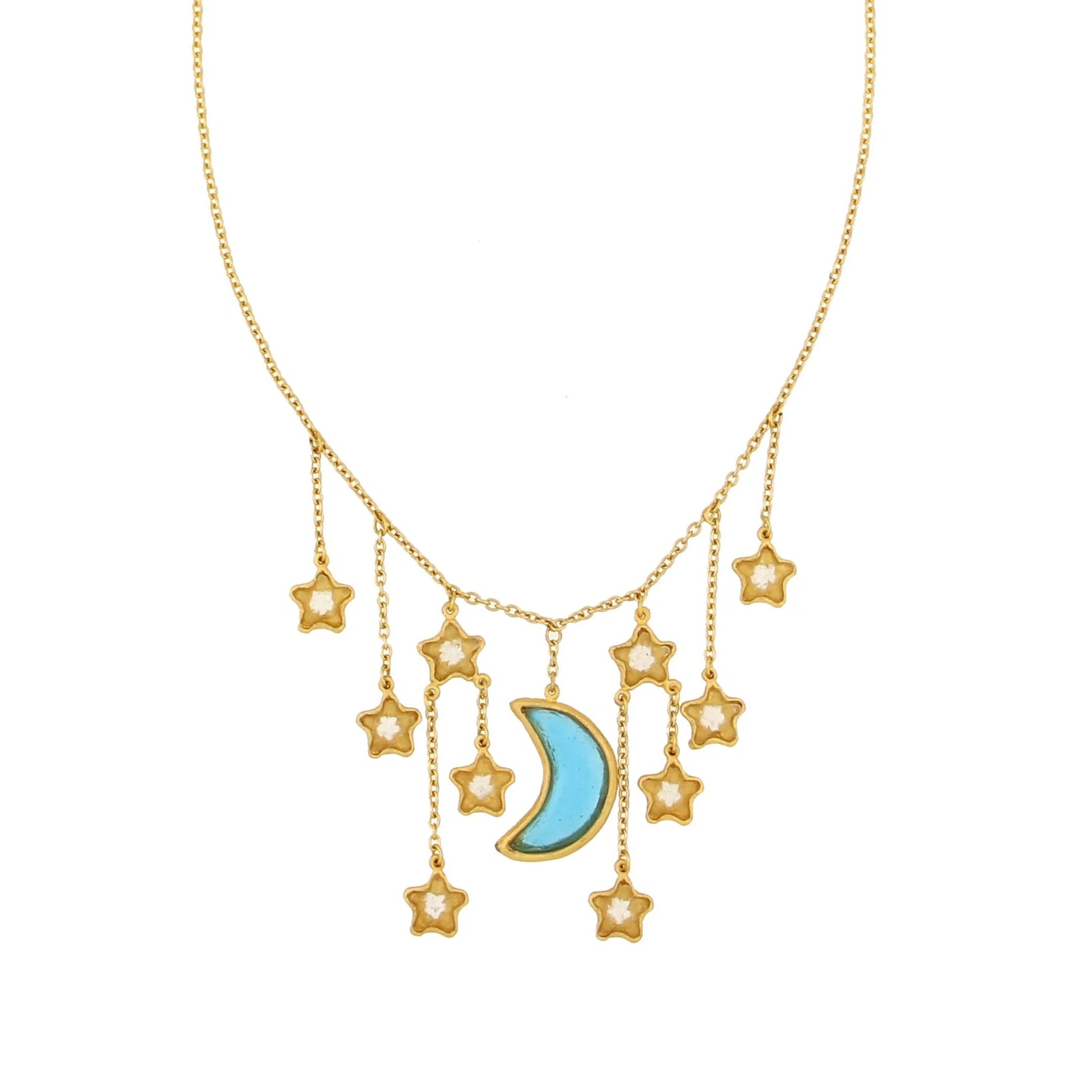 Gold necklace with star and moon pendant on a white background