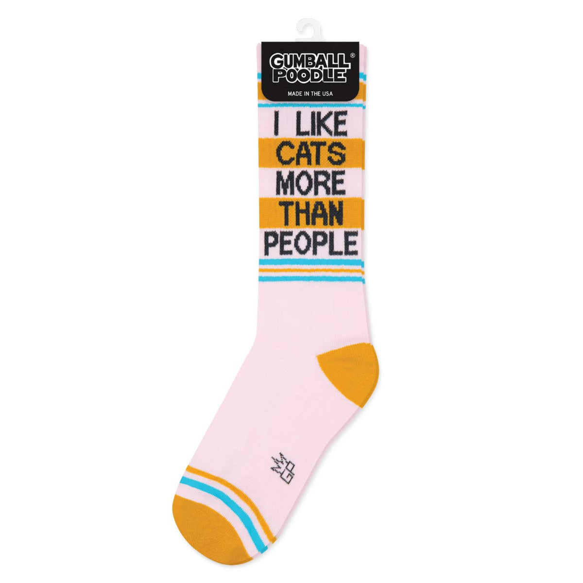 Pink sock with text 'I Like Cats More Than People' on a white background
