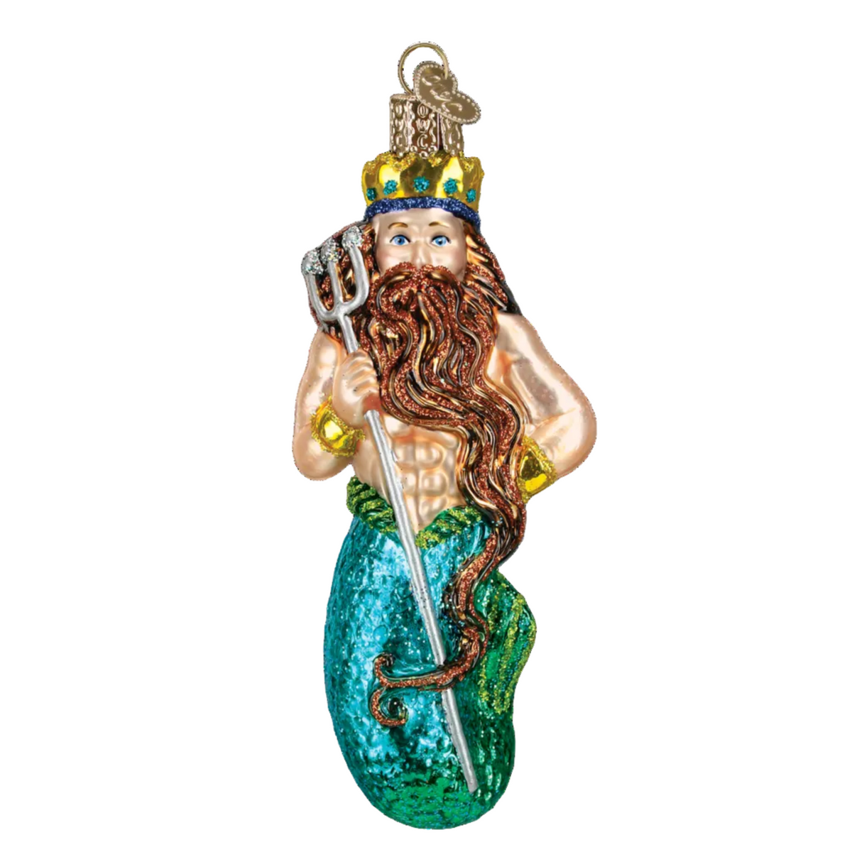 A decorative hanging ornament shaped like a merman with a long brown beard, gold crown, silver trident, and a glittery teal-green tail on a plain white background.