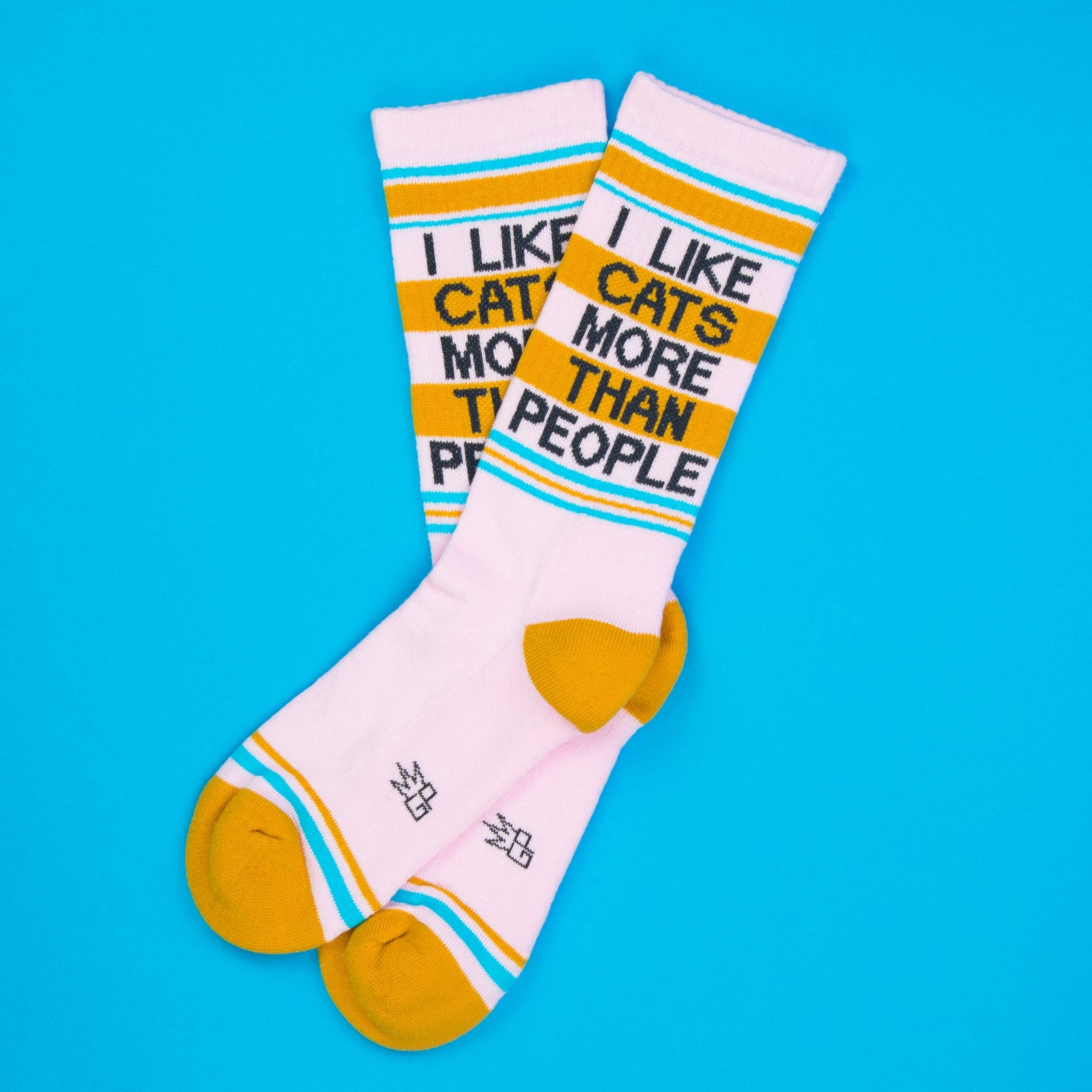 Striped crew socks with text.