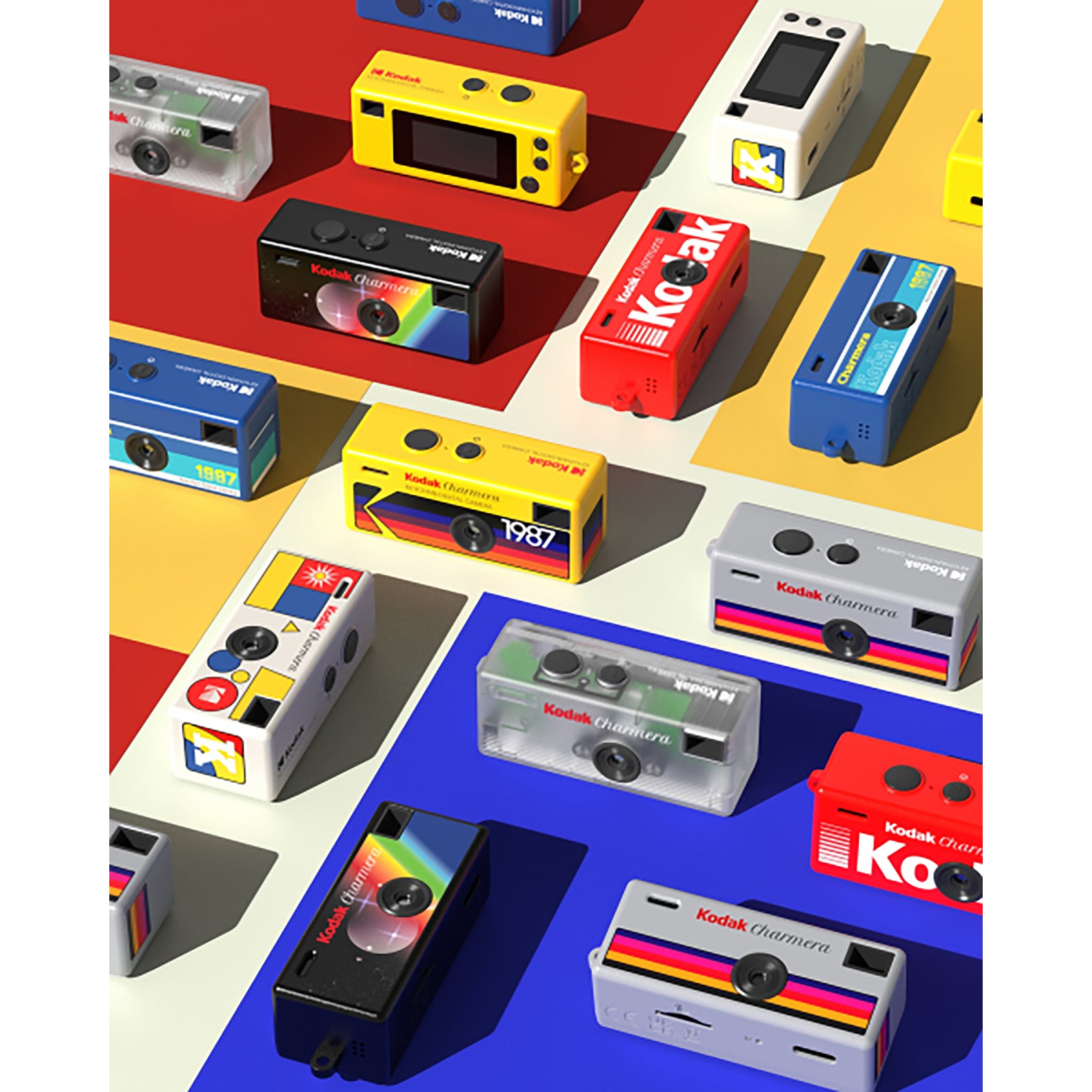 Colorful retro cameras on a multicolored background