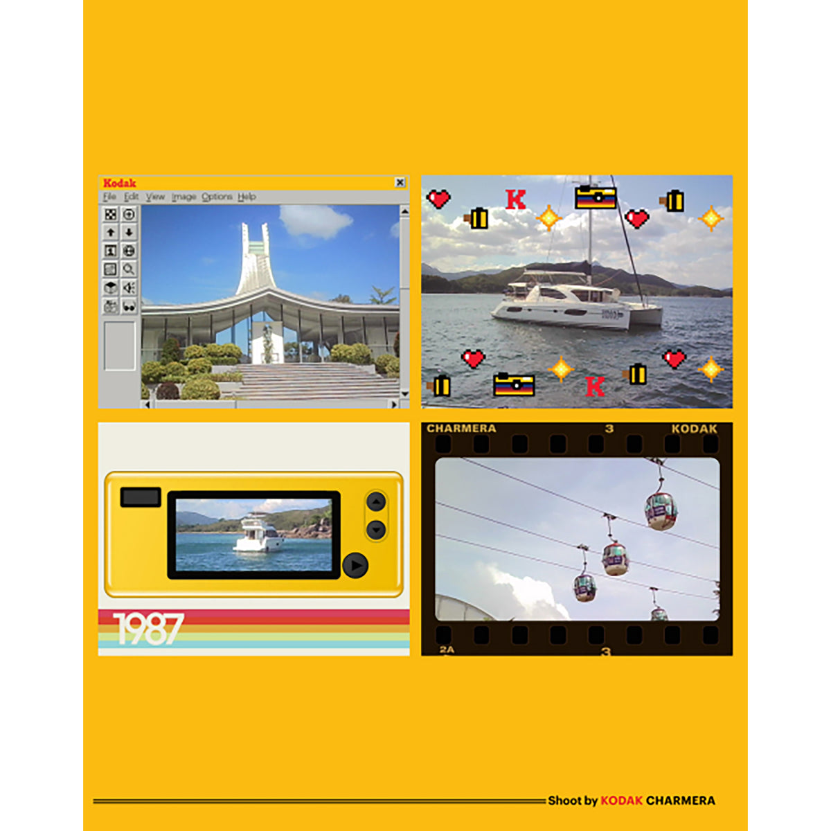 Collage of photos on a yellow background with a vintage camera design, featuring images of a building, a boat, and a cable car.