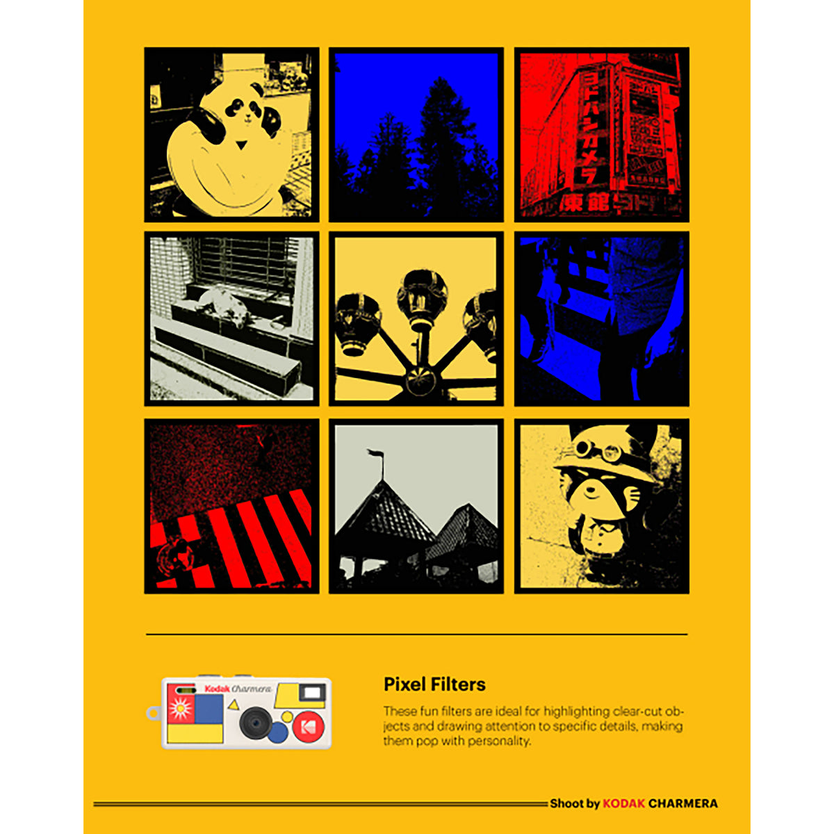Poster with pixel filter examples on a yellow background, featuring Kodak Charmera branding.