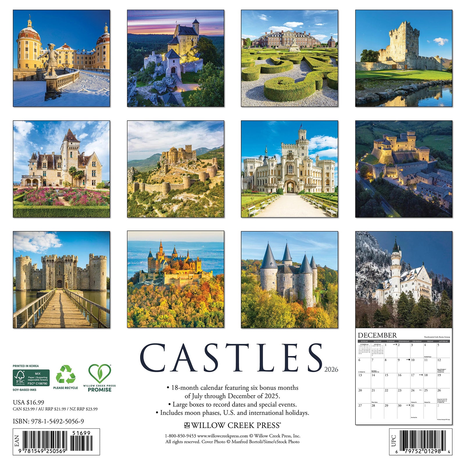Calendar cover featuring a castle at dusk with 'CASTLES' text and 'Willow Creek' branding.