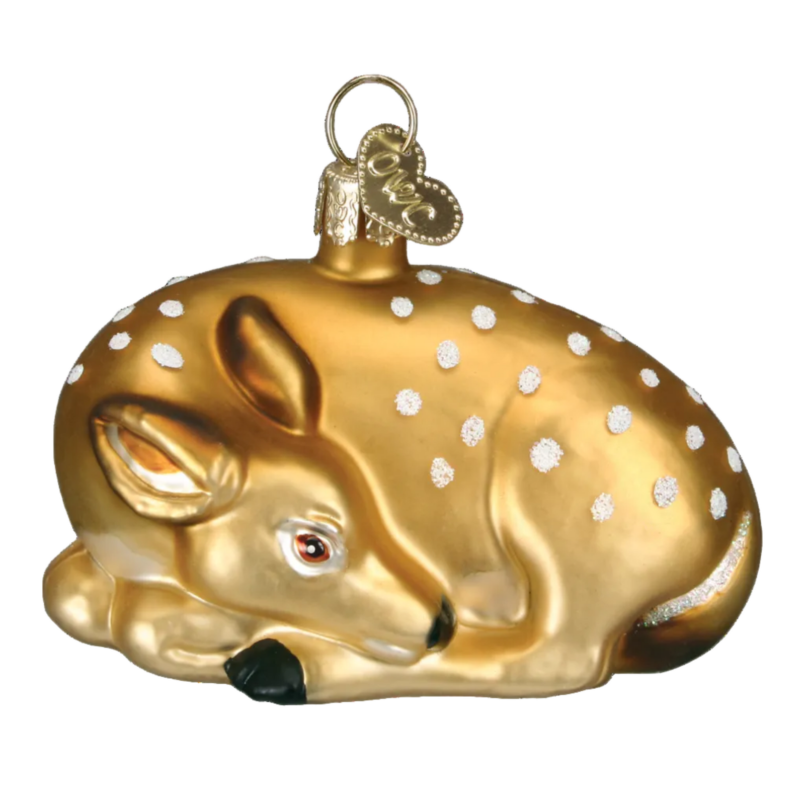 A gold-finished deer ornament shaped like a sleeping fawn, with white speckled spots, a small red eye, black nose, and a hanging loop at the top, shown on a plain white background.
