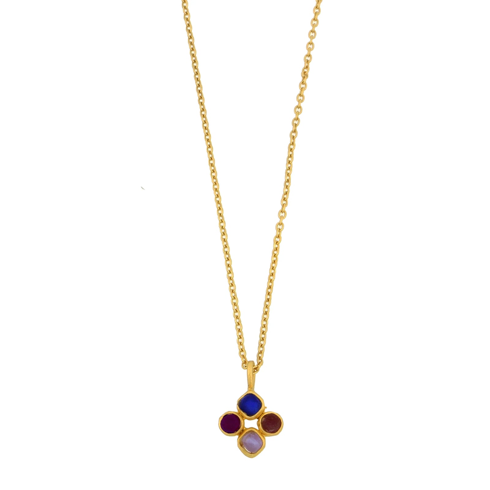 Gold necklace with a colorful pendant on a white background