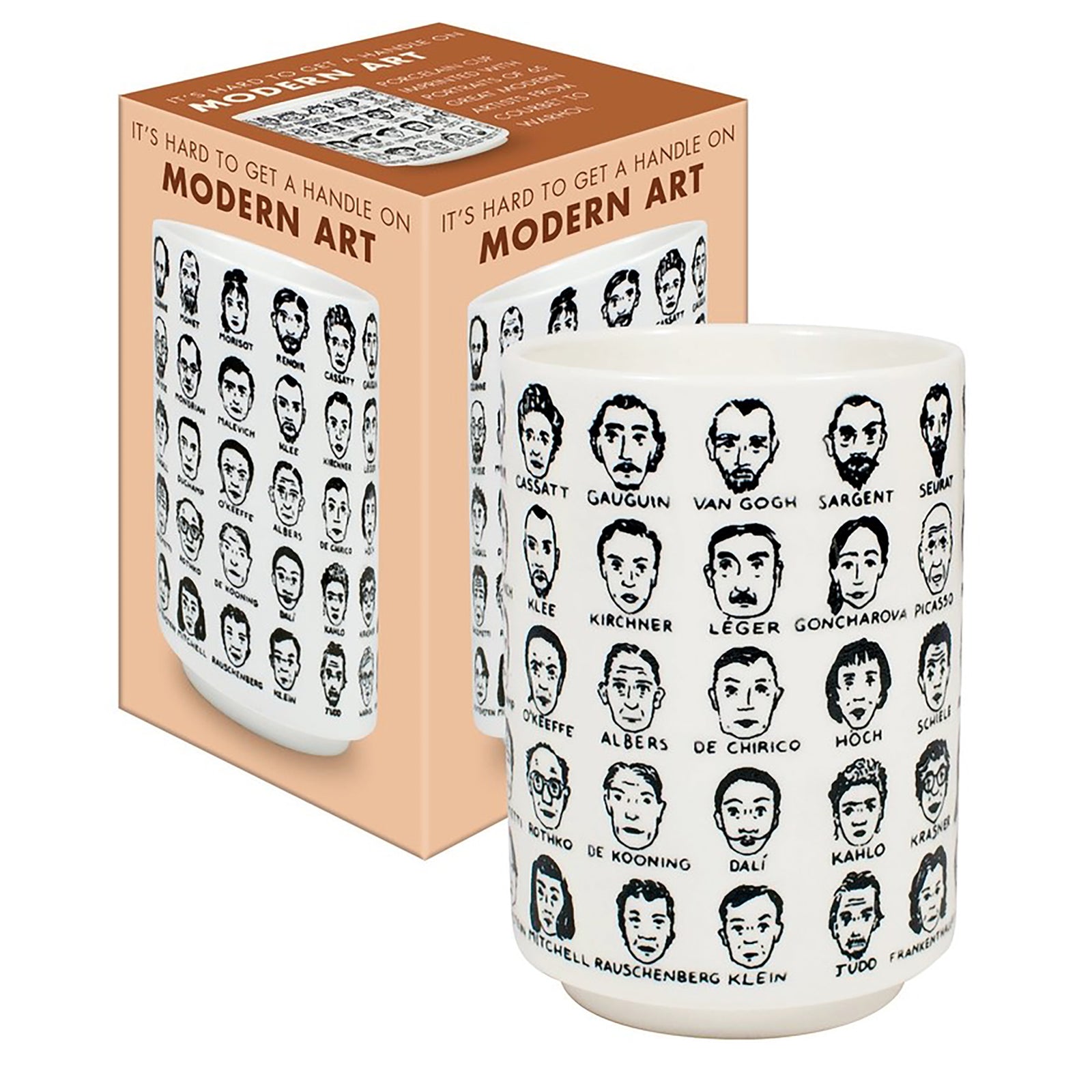 A white ceramic mug with debossed minimalist portraits of modern artists, presented next to its packaging which has the text 'IT'S HARD TO GET A HANDLE ON MODERN ART'.