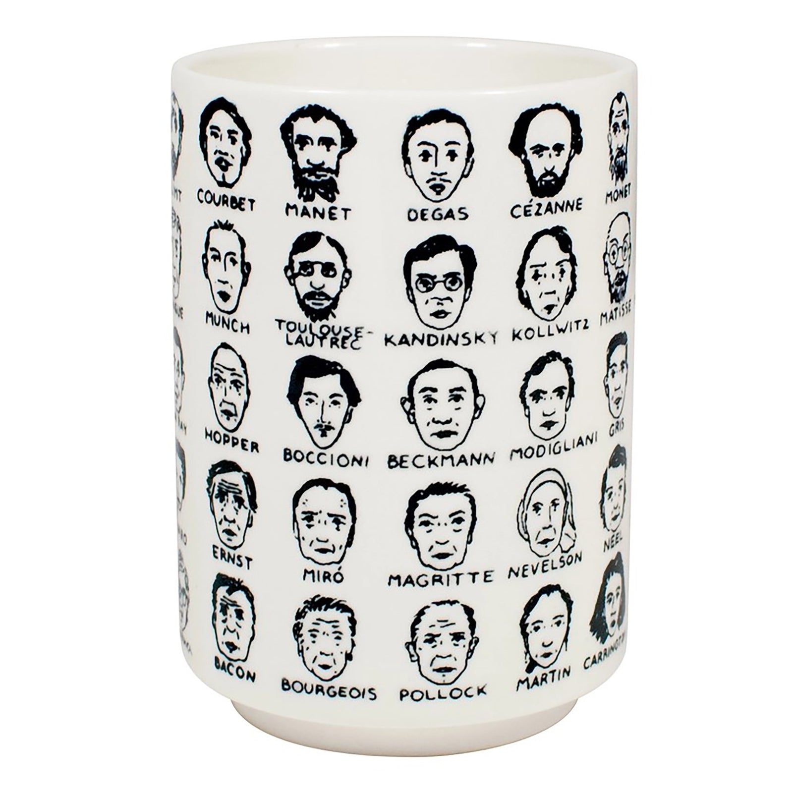 A white ceramic mug with debossed minimalist portraits of modern artists, presented next to its packaging which has the text 'IT'S HARD TO GET A HANDLE ON MODERN ART'.