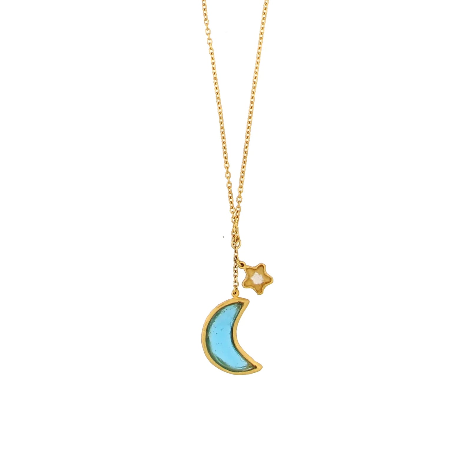 Necklace with a blue moon pendant and gold chain on a white background