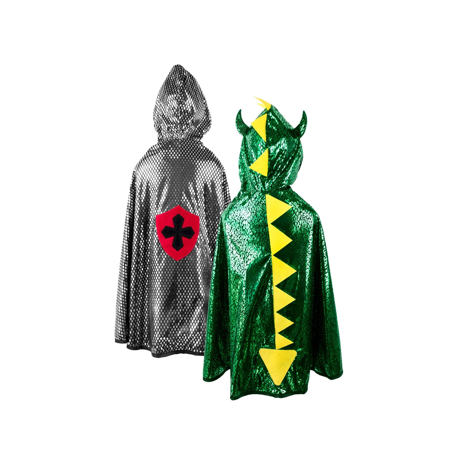 Two colorful capes, one silver with a red emblem and the other green with yellow patterns, on a white background.