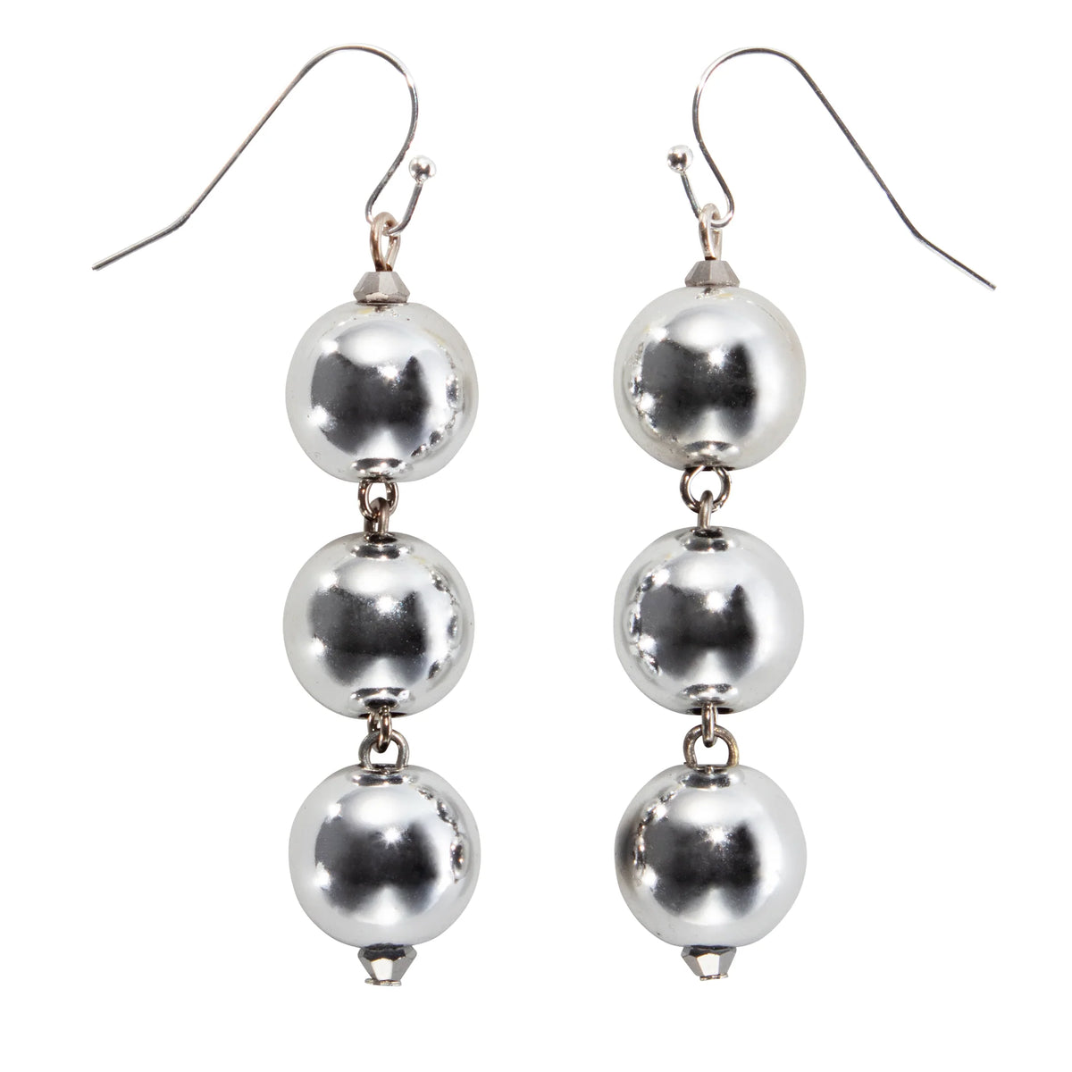 Pair of silver ball drop earrings on a white background