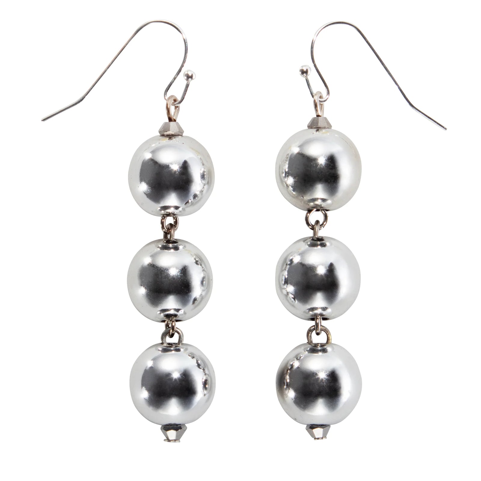 Pair of silver ball drop earrings on a white background