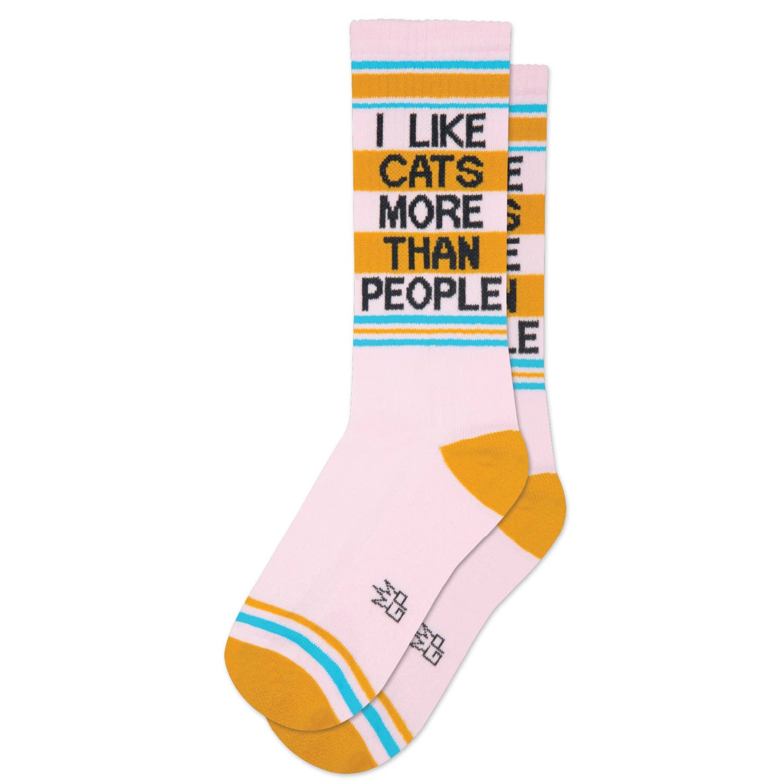 Striped crew socks with text.