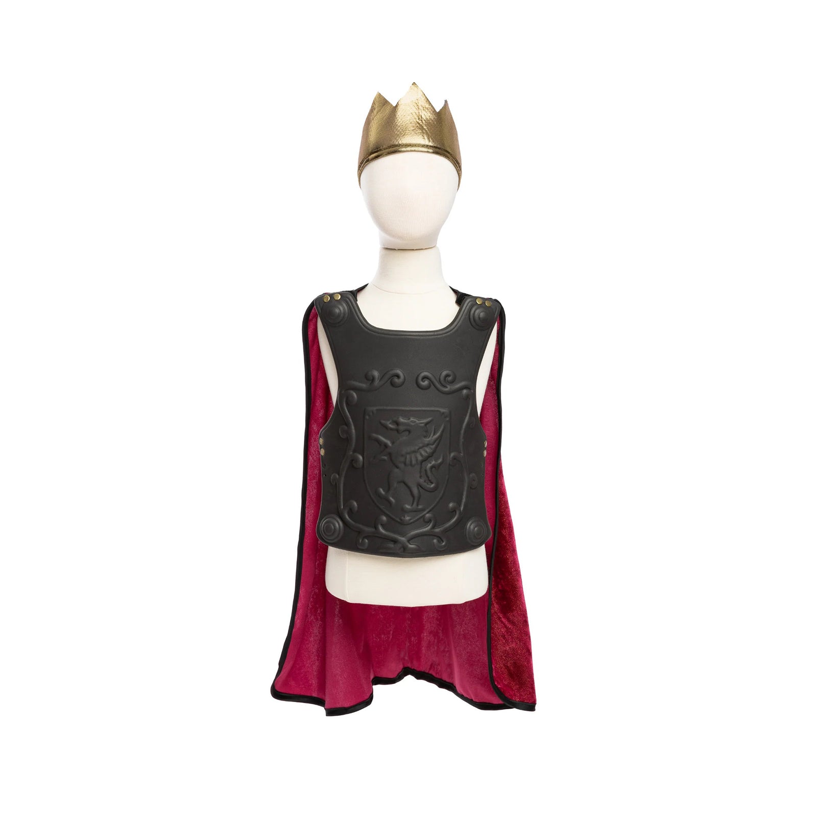 Mannequin wearing a black armor with a red cape and gold crown on a white background