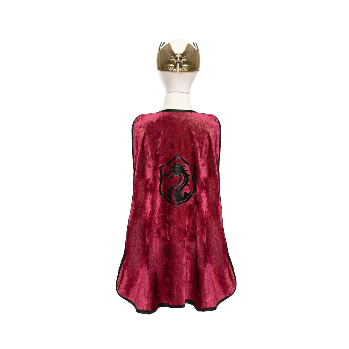 Red velvet cape with a black emblem on a mannequin against a white background