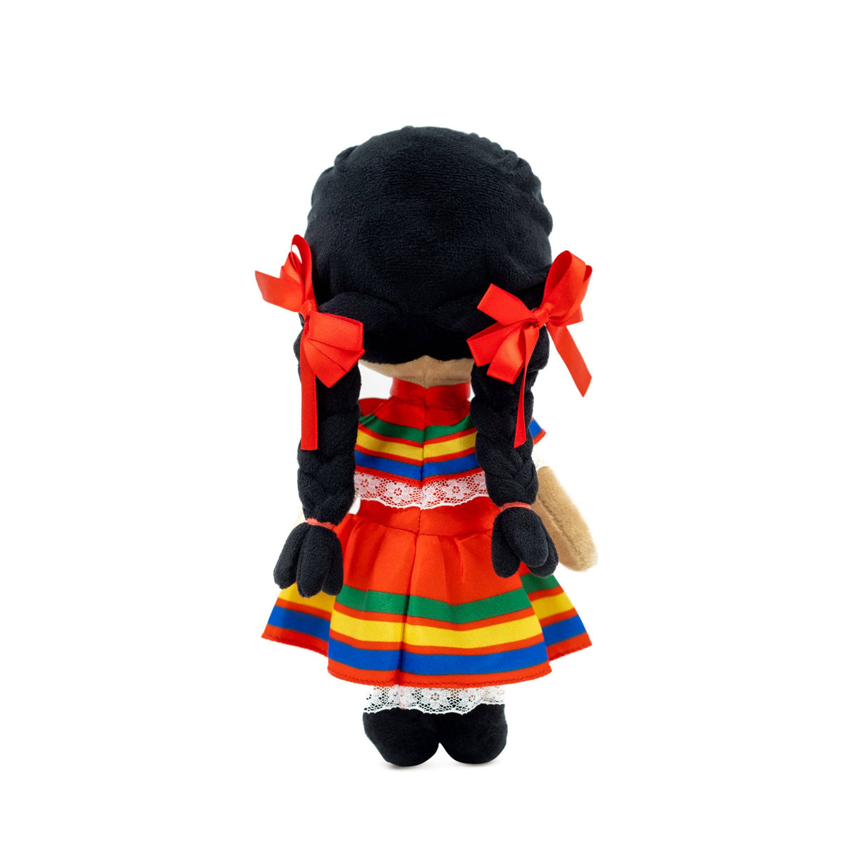 Plush doll with black hair, red bows, and a colorful striped dress on a white background