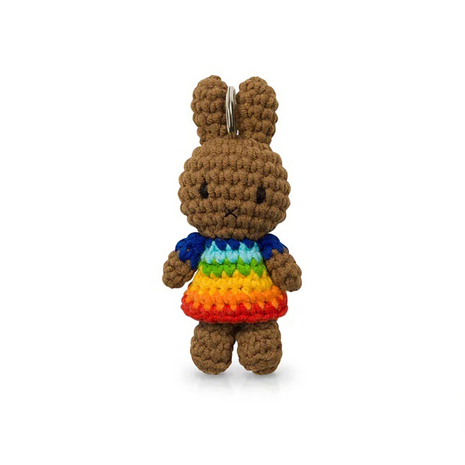 Crocheted bunny keychain with a rainbow dress on a white background