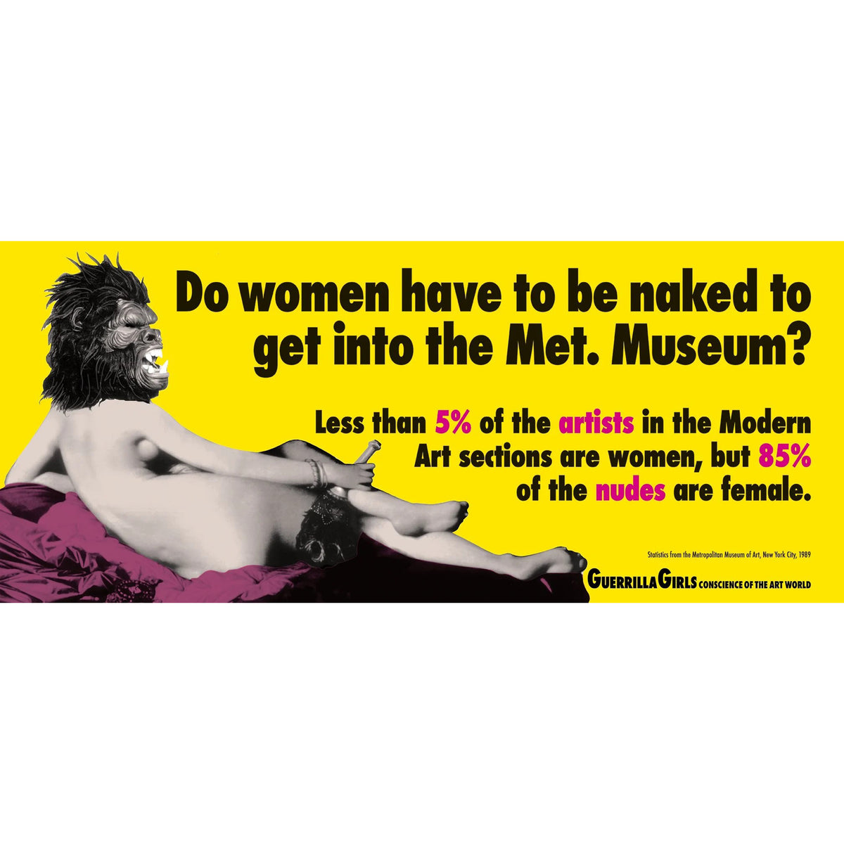 Slogan about gender representation in art displayed with a black and white image of a nude figure wearing a guerrilla mask on a yellow background.