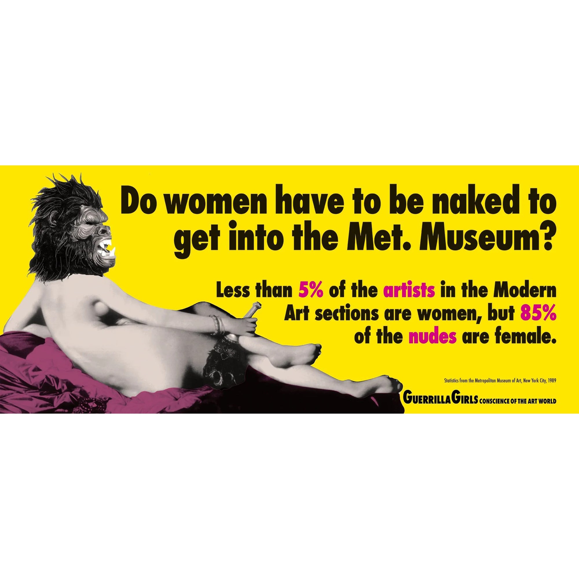 Slogan about gender representation in art displayed with a black and white image of a nude figure wearing a guerrilla mask on a yellow background.