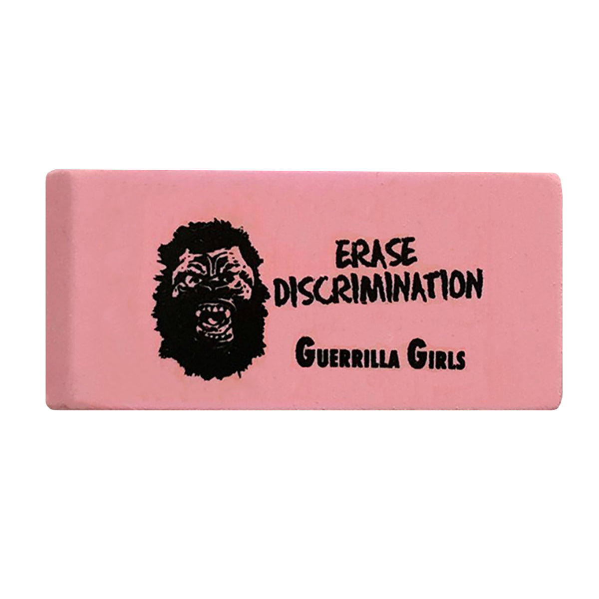 Pink eraser with a graphic design and text on a white background