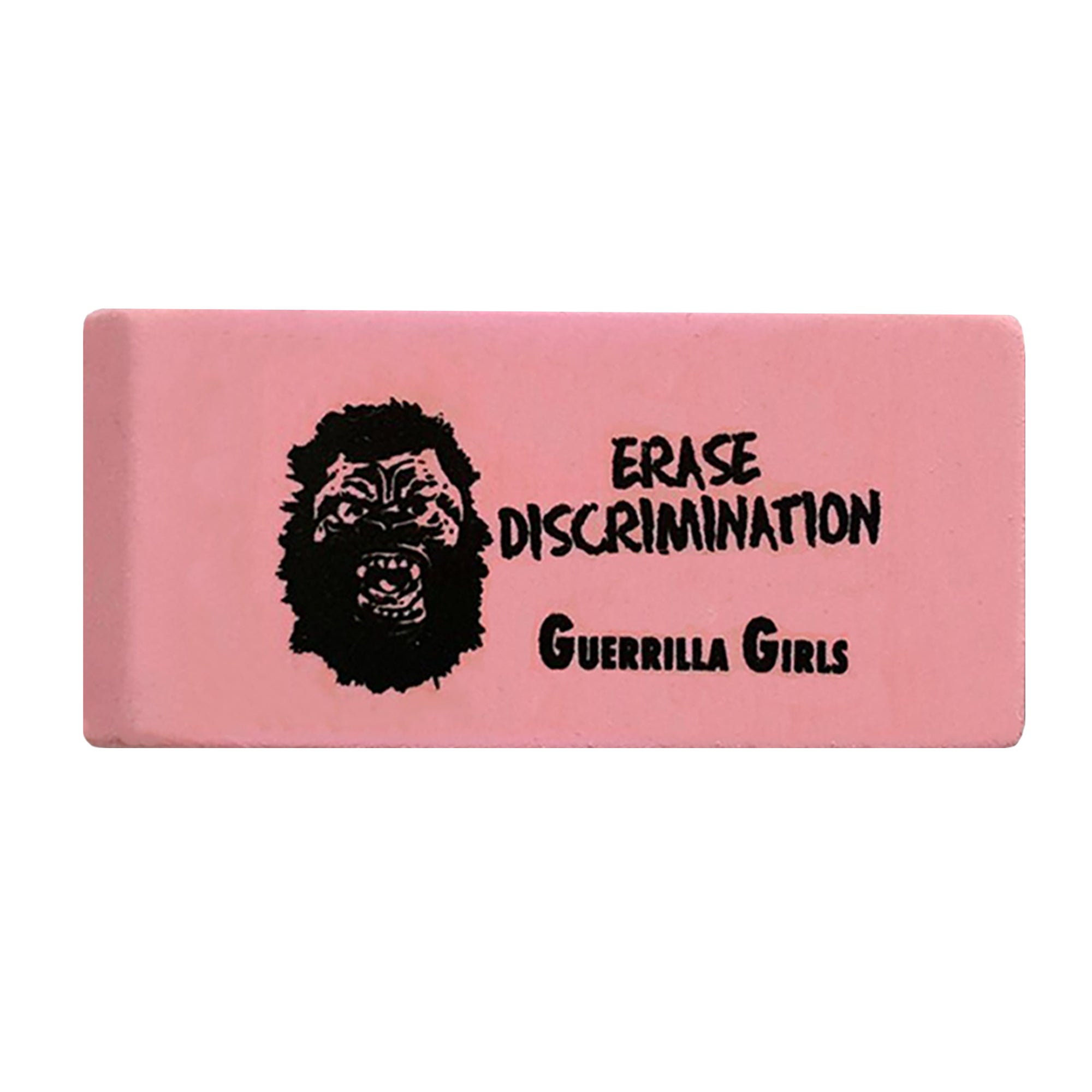 Pink eraser with a graphic design and text on a white background