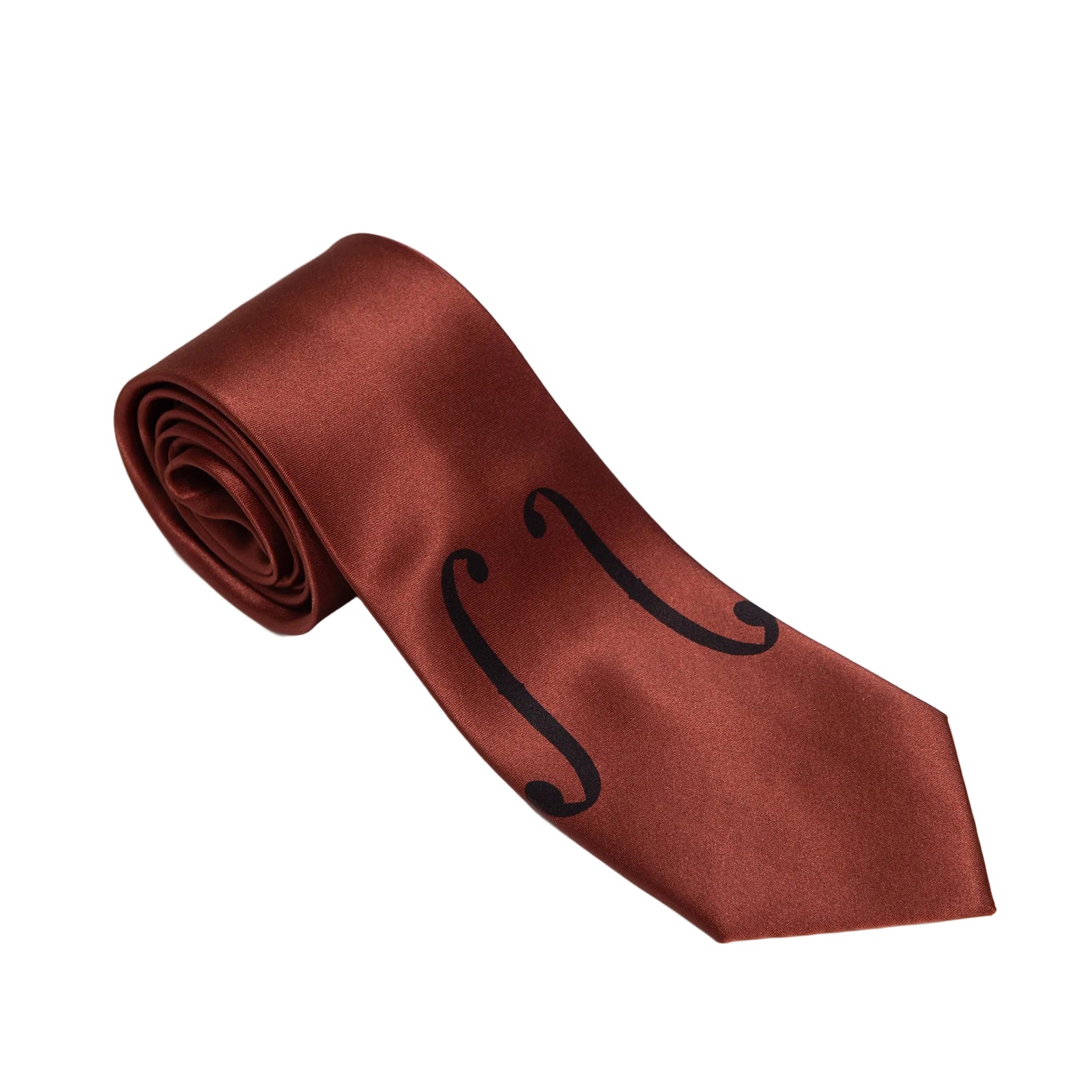 Brown tie with black decorative element on a light gray background