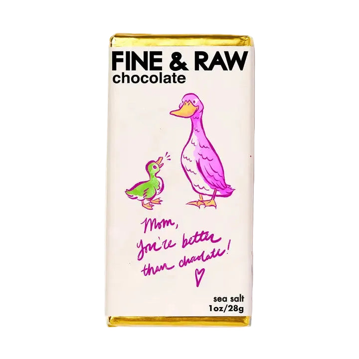 Fine & Raw chocolate bar with cartoon ducks and text on a white background