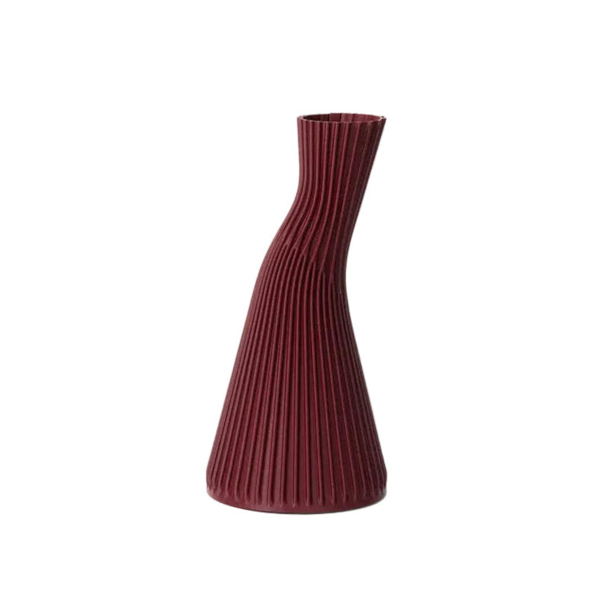 Maroon ribbed vase on a light gray background