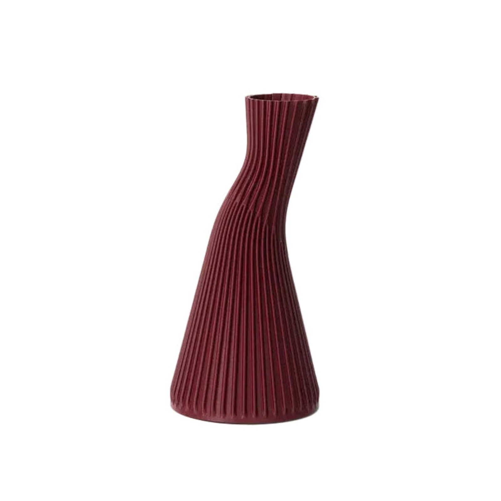 Maroon ribbed vase on a light gray background