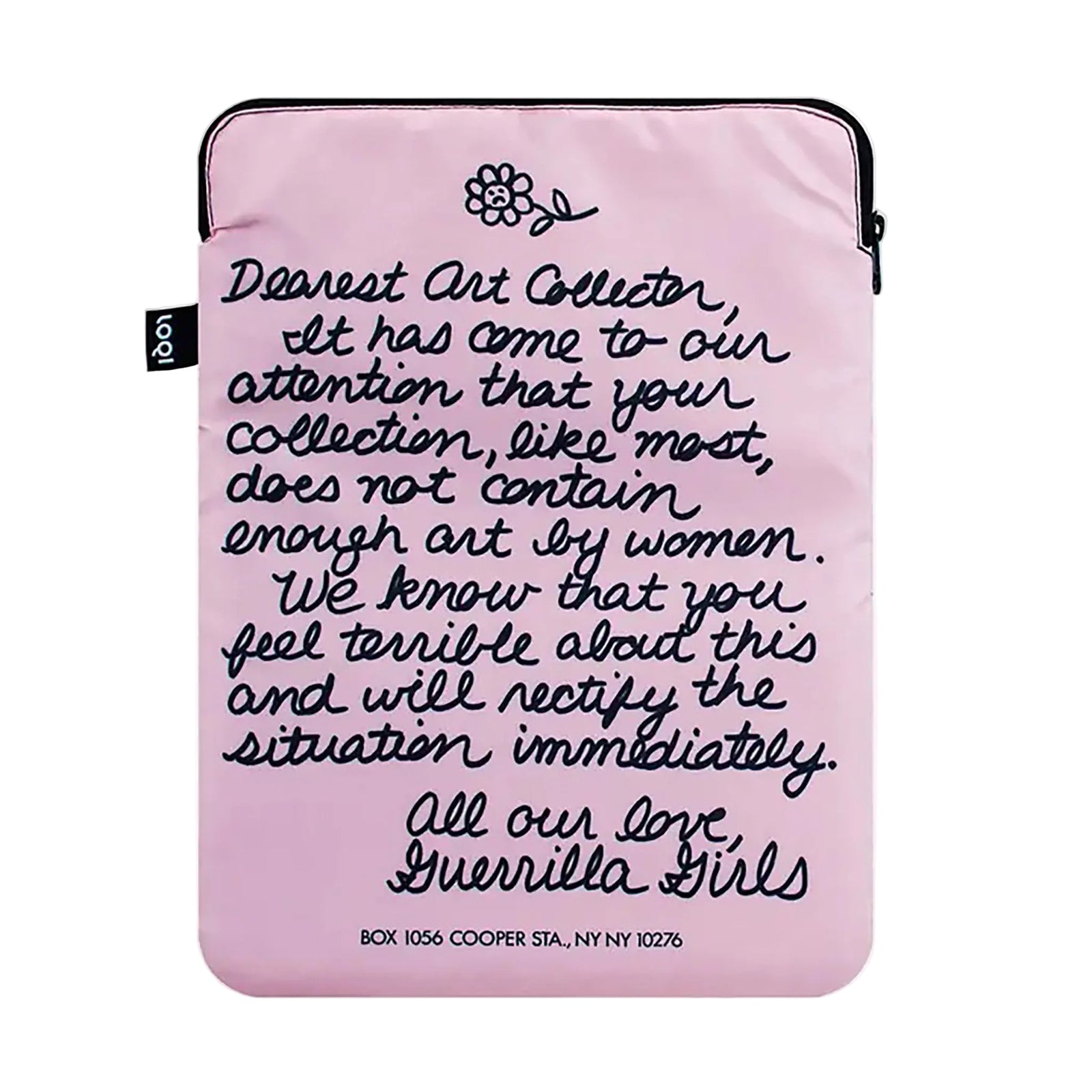 Pink sleeve with black text and 'Guerrilla Girls' logo on a white background