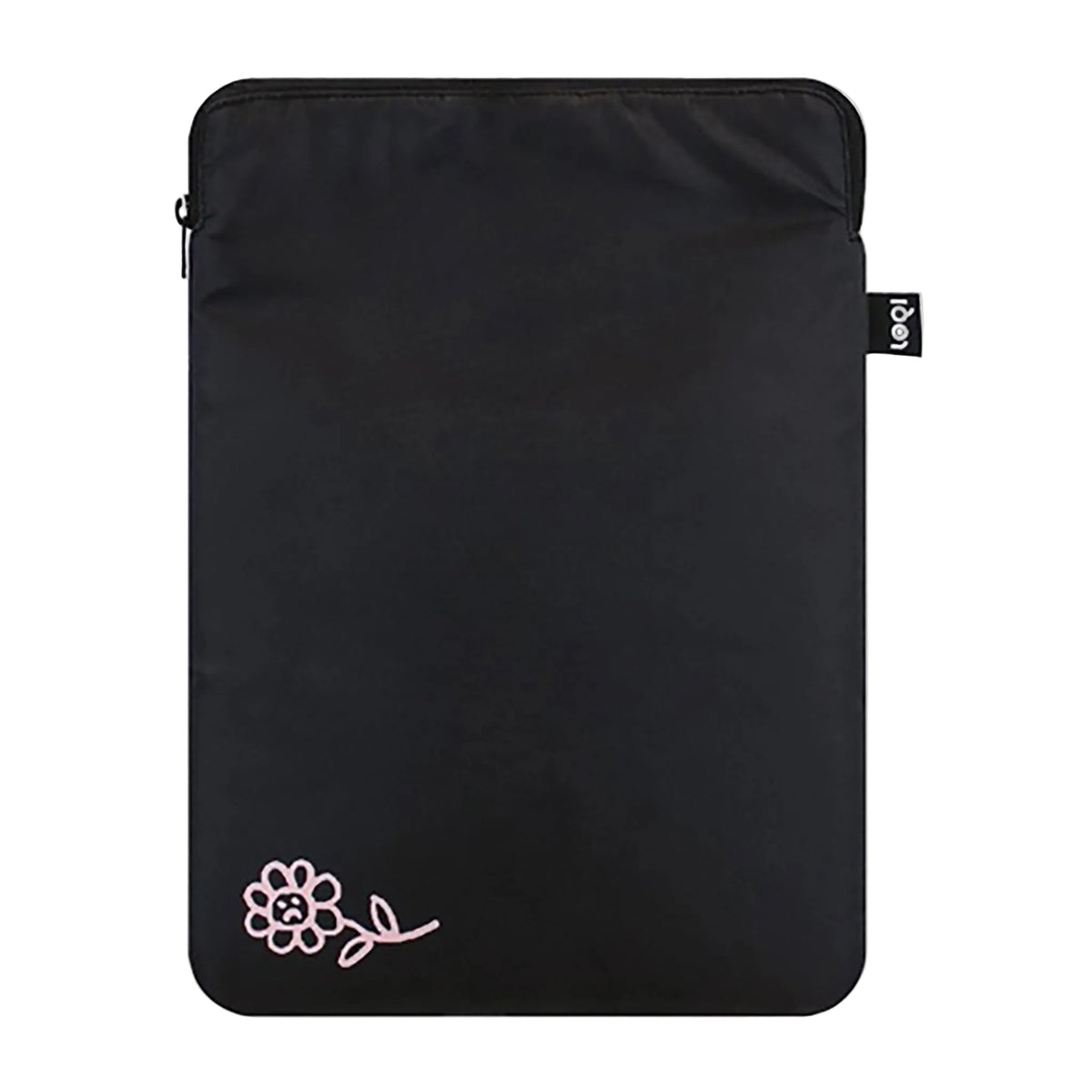 Black tablet sleeve with a flower design on a white background