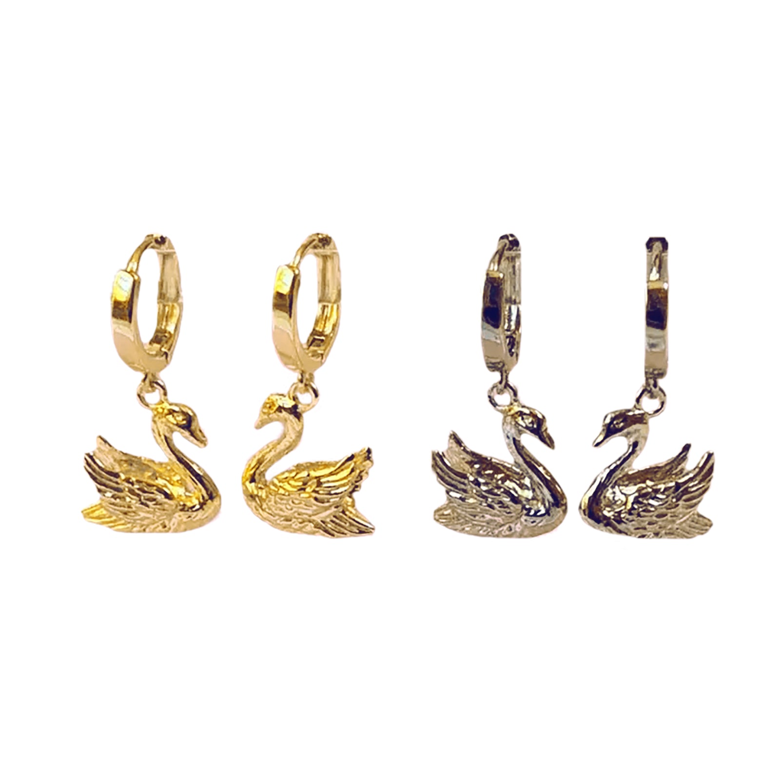 Gold and silver swan-shaped earrings on a white background