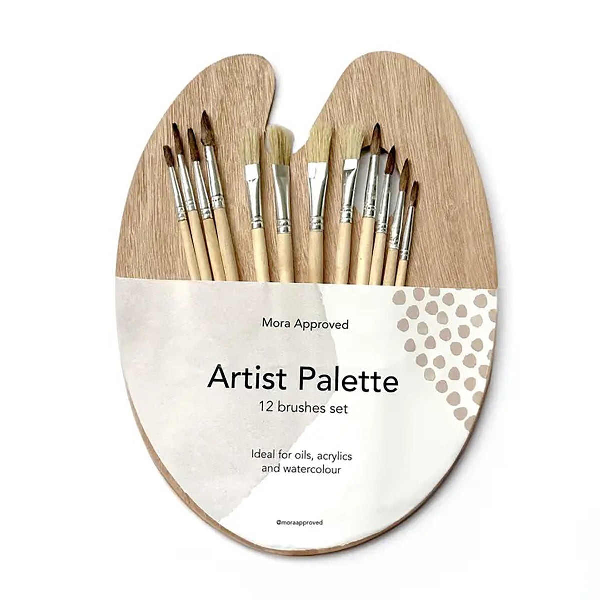 Set of paintbrushes in a wooden holder with 'Mora Approved' branding on a white background