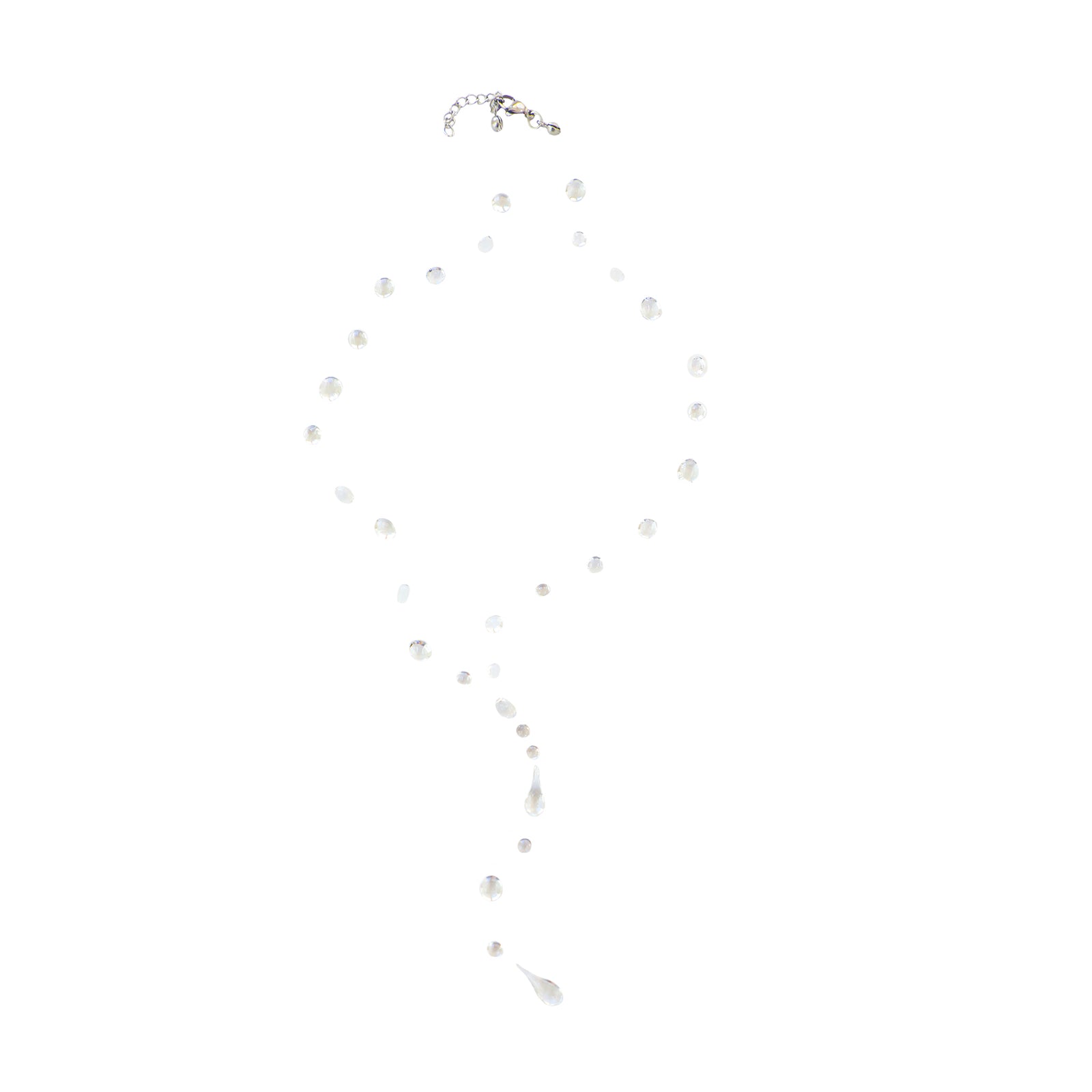 Close-up of a person with a necklace that resembles water droplets on their skin against a neutral background