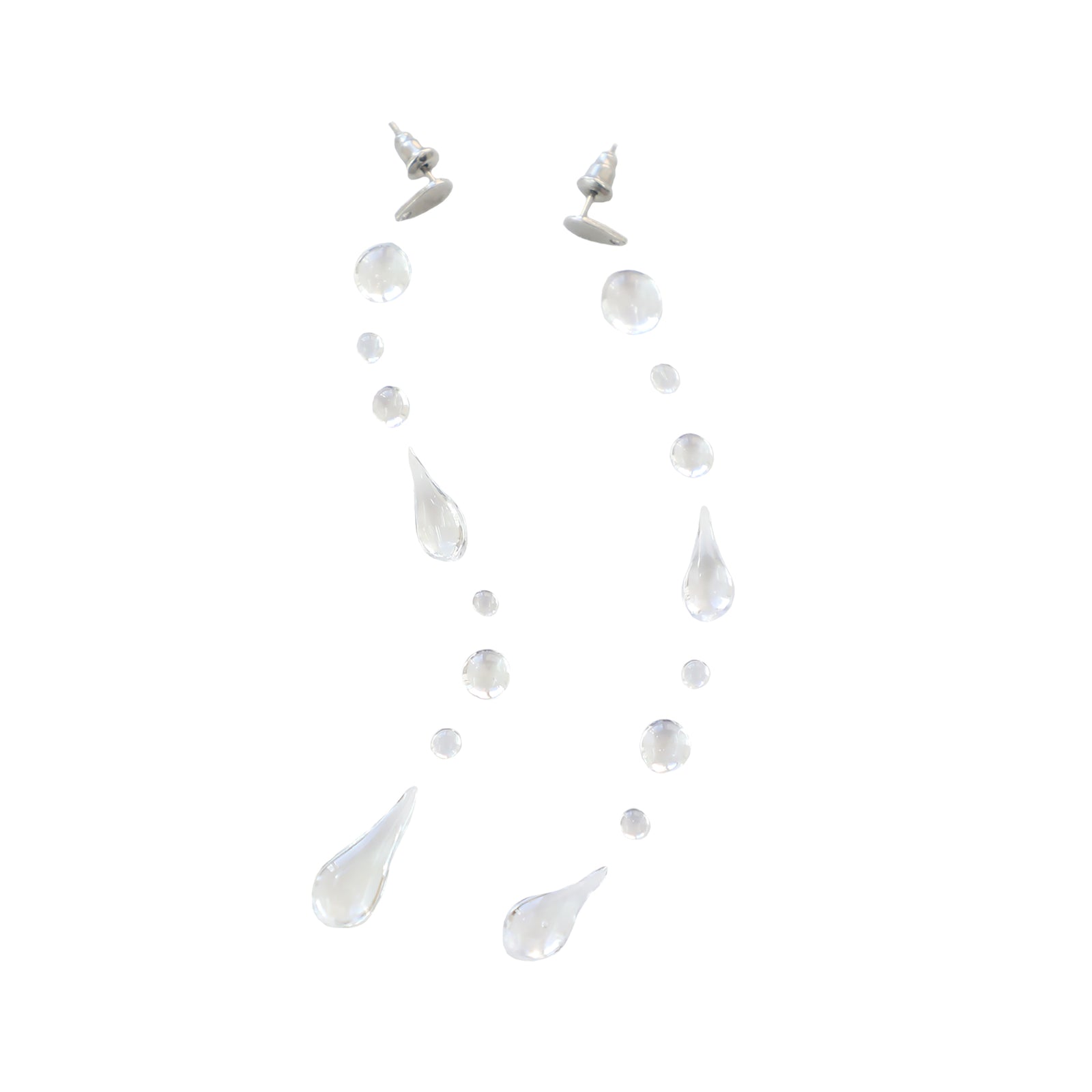 Set of glass teardrop shaped earrings on a white background