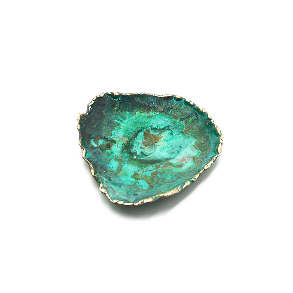 Turquoise plate with gold edge on a white background
