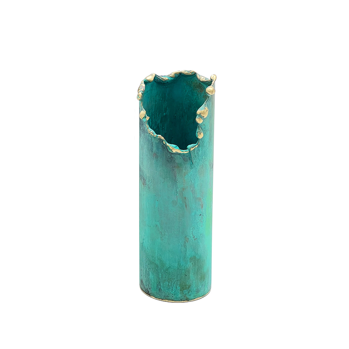 Teal vase with gold rim on a white background