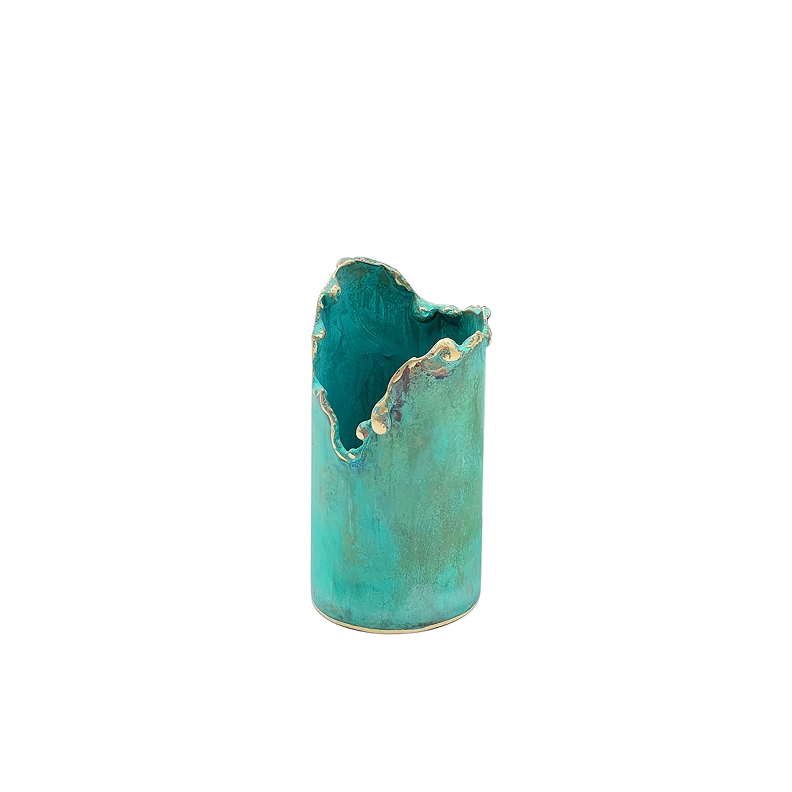 Turquoise ceramic vase with wavy edge on a white background
