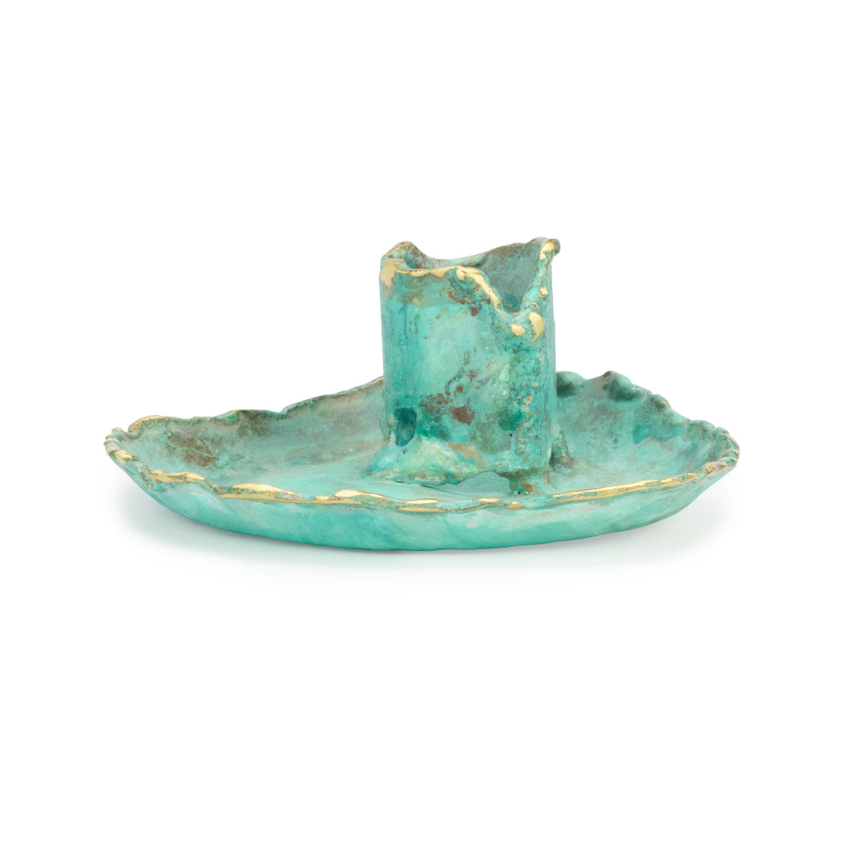 Turquoise ceramic candle holder with gold accents on a white background