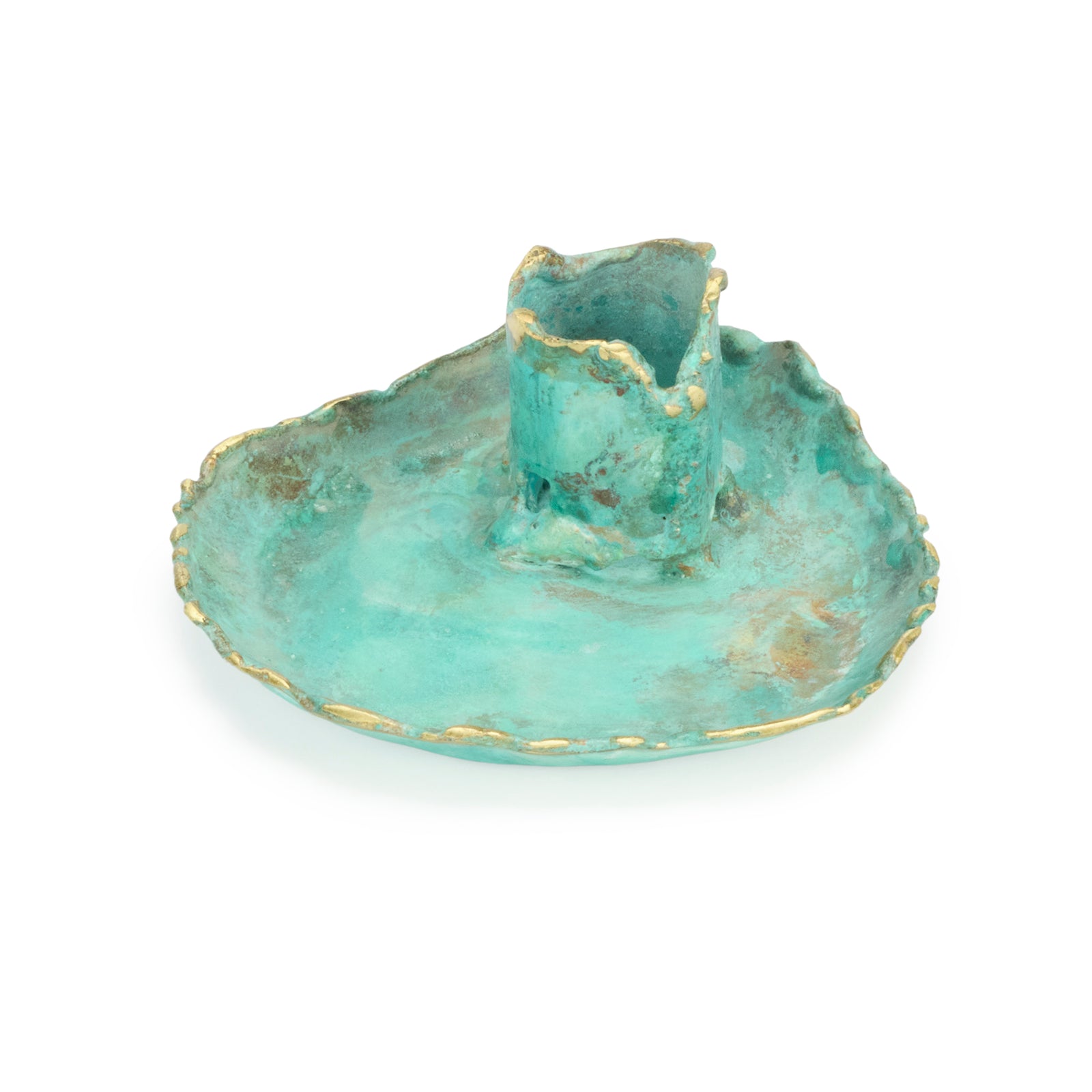 Turquoise ceramic candle holder with gold accents on a white background