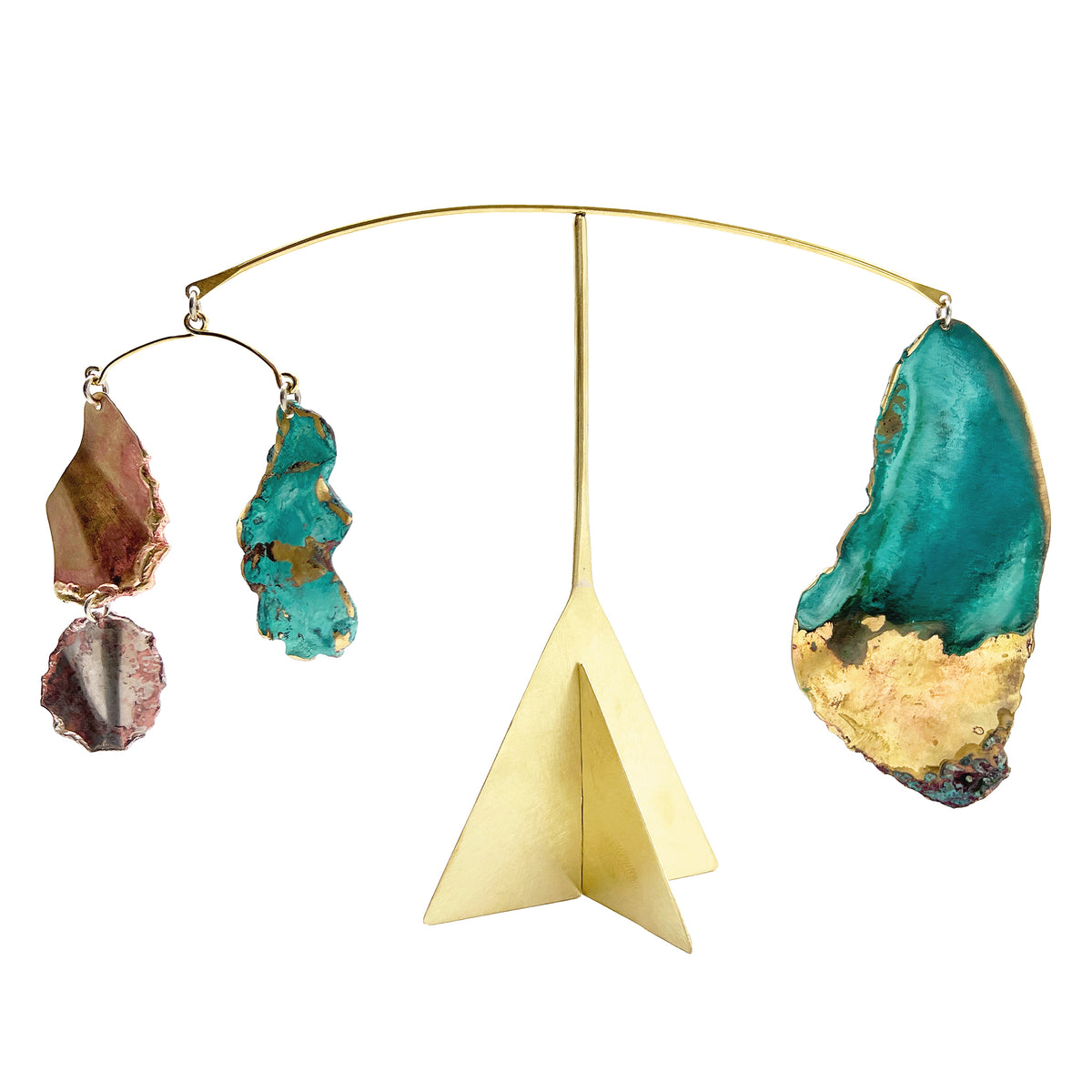 Mobile with natural stone-like designs on a gold stand against a white background