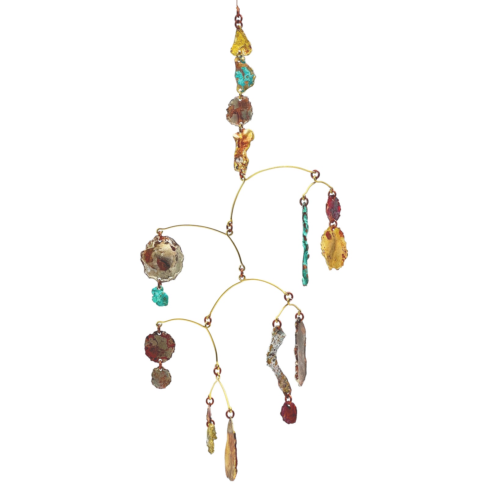 Colorful mobile with various shapes and sizes on a white background