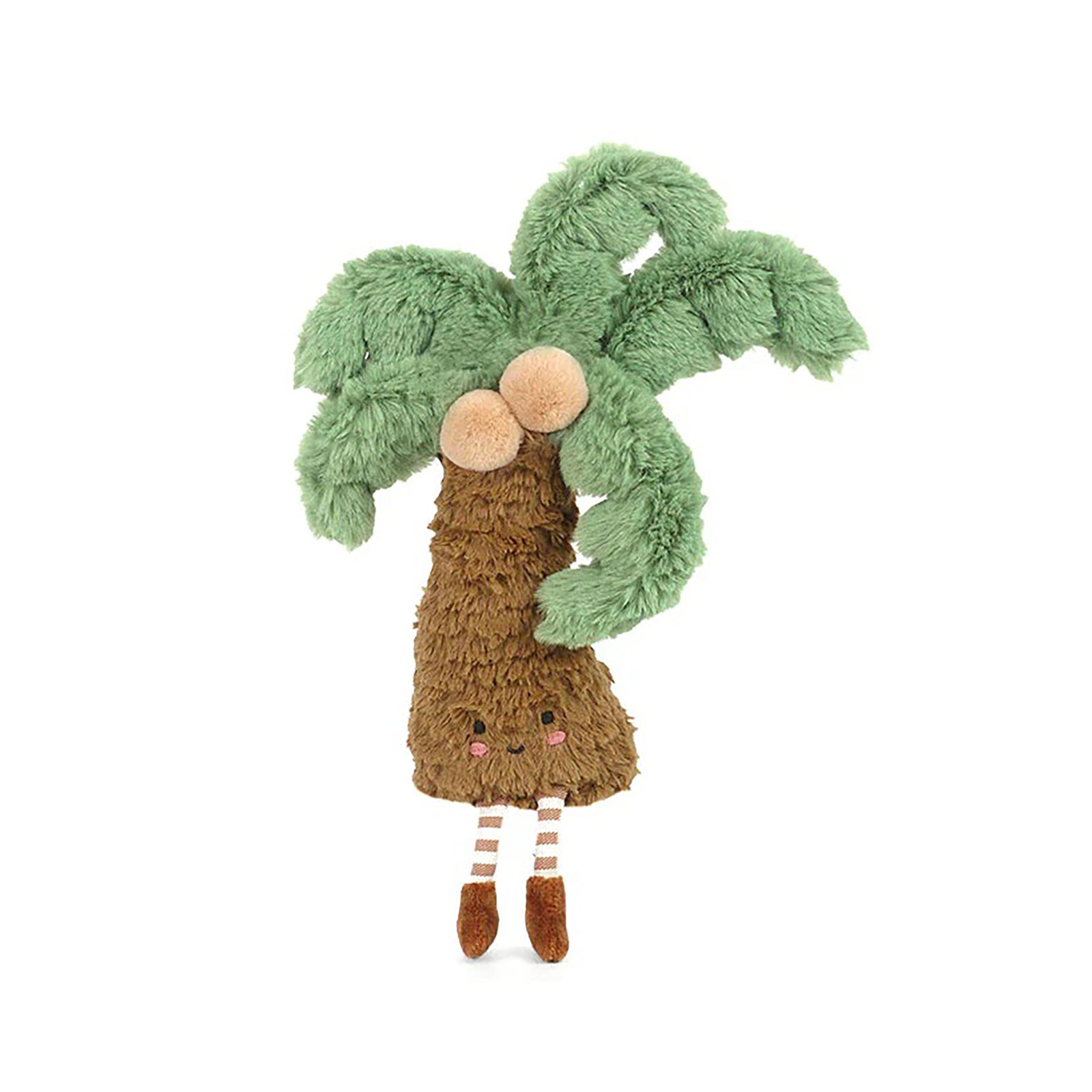 Palm tree shaped plush toy with striped legs and a smiling face.