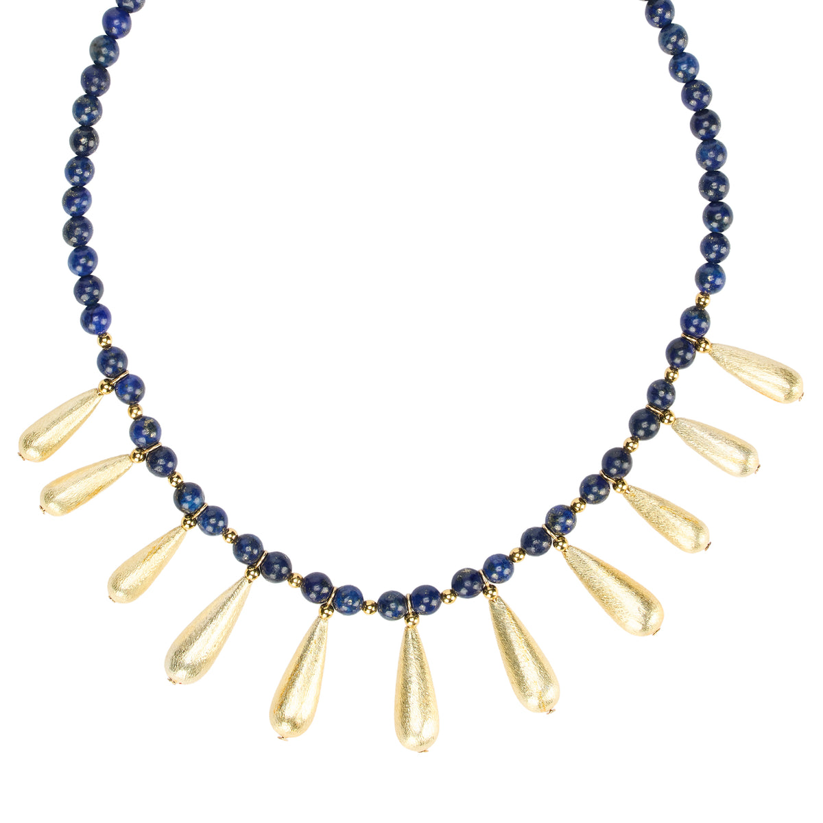 Necklace with blue beads and gold teardrop pendants on a white background