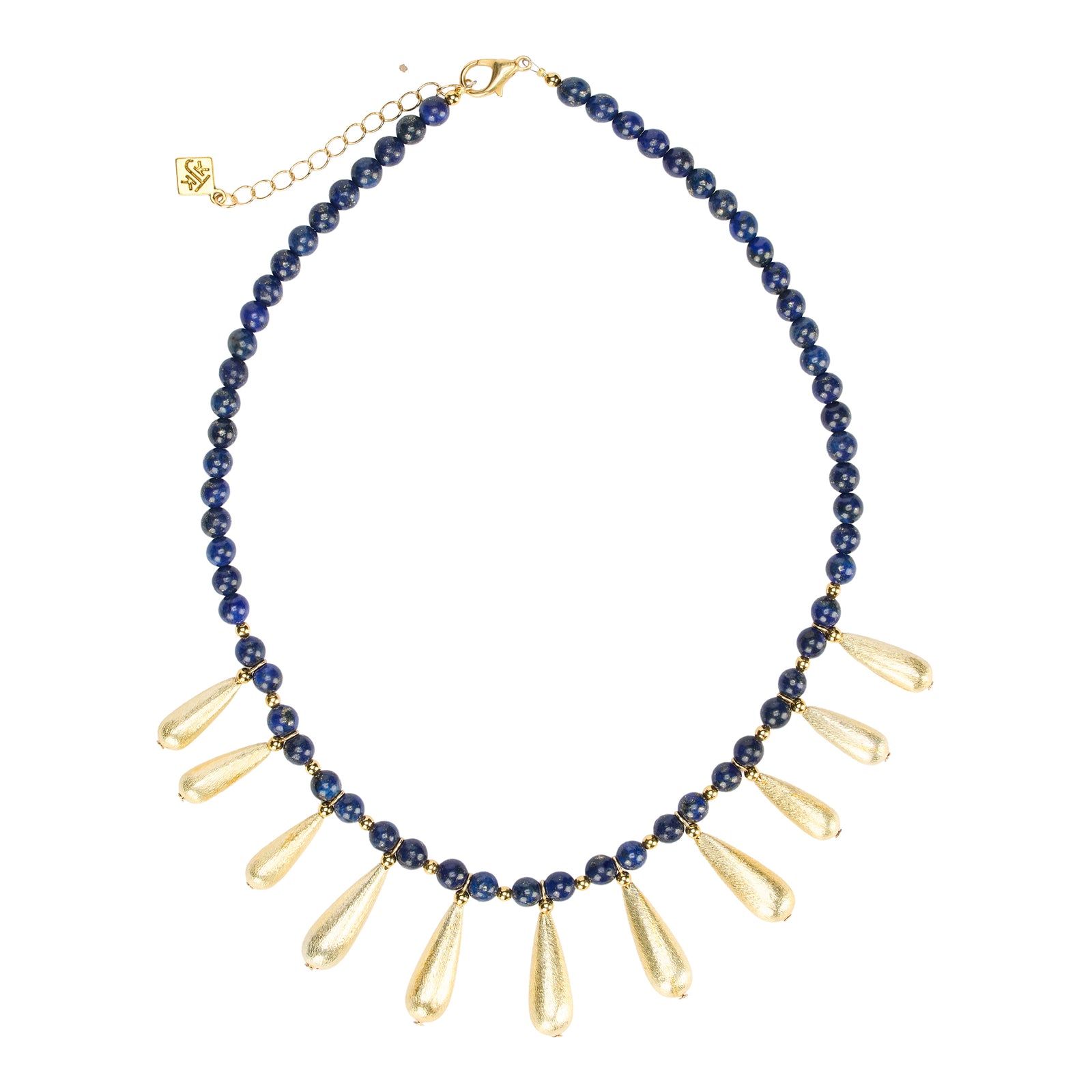 Necklace with blue beads and gold teardrop pendants on a white background