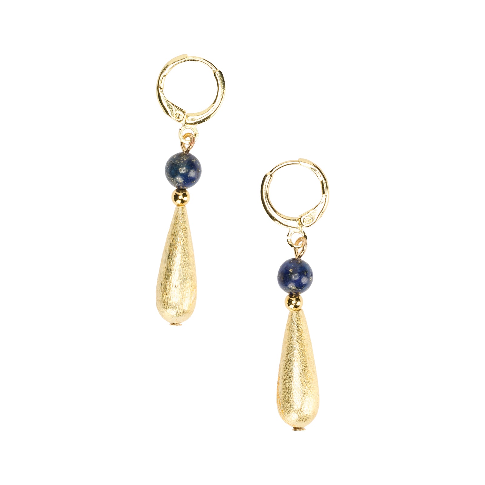 Pair of gold earrings with blue beads on a white background