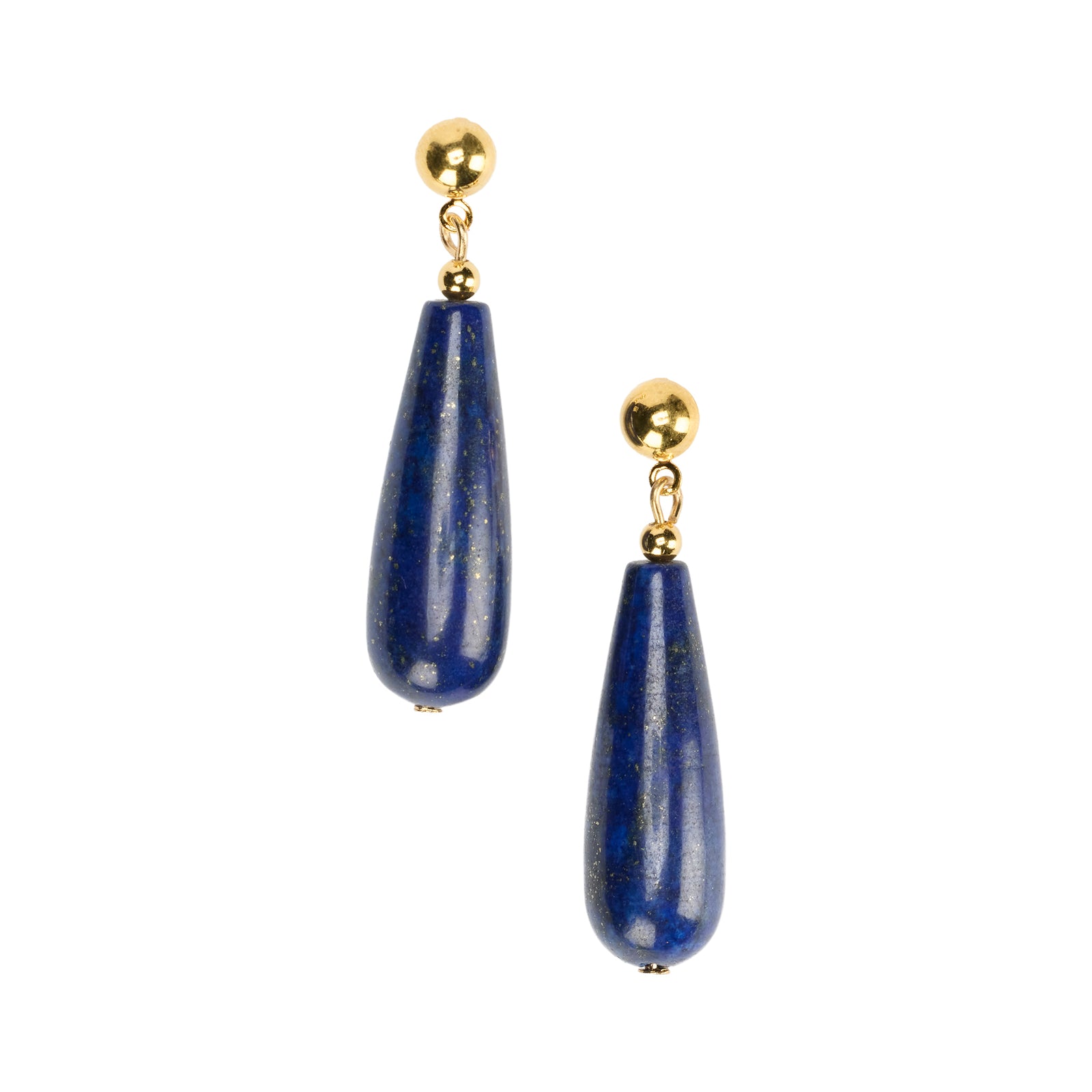 Pair of blue teardrop earrings with gold accents on a white background