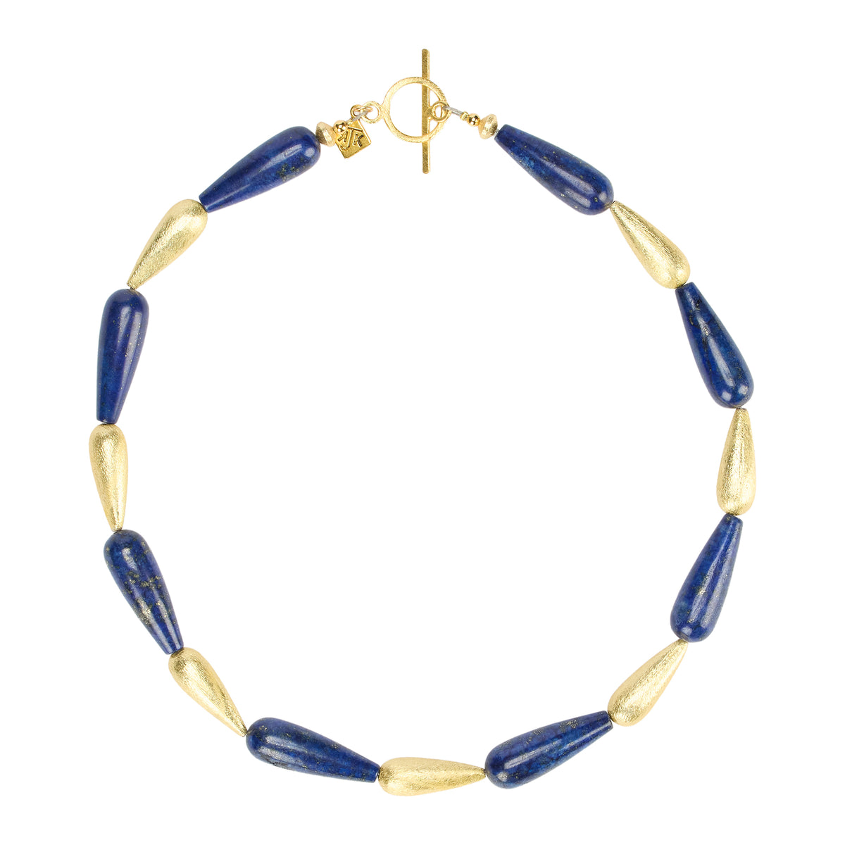 Necklace with blue and gold beads on a white background