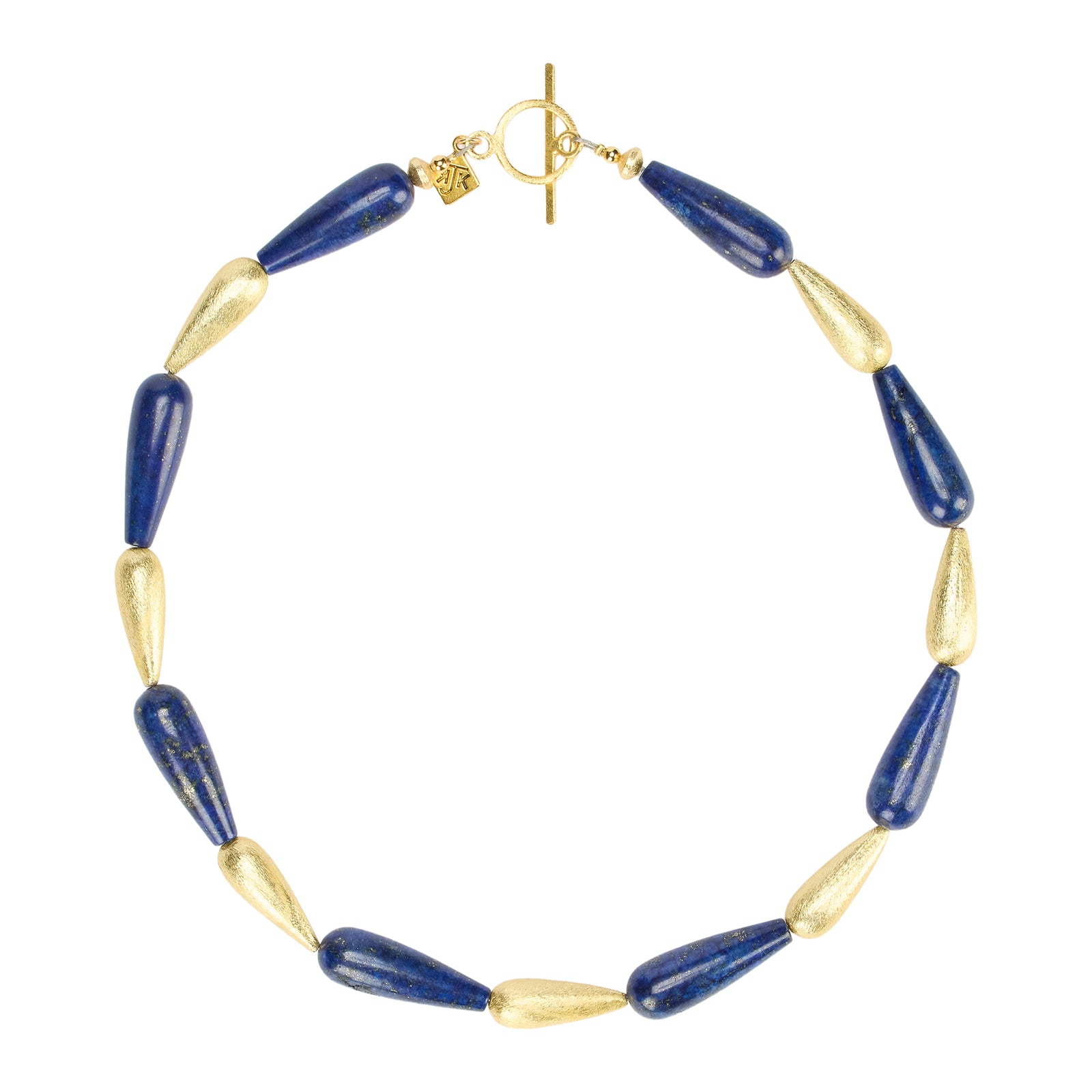 Necklace with blue and gold beads on a white background