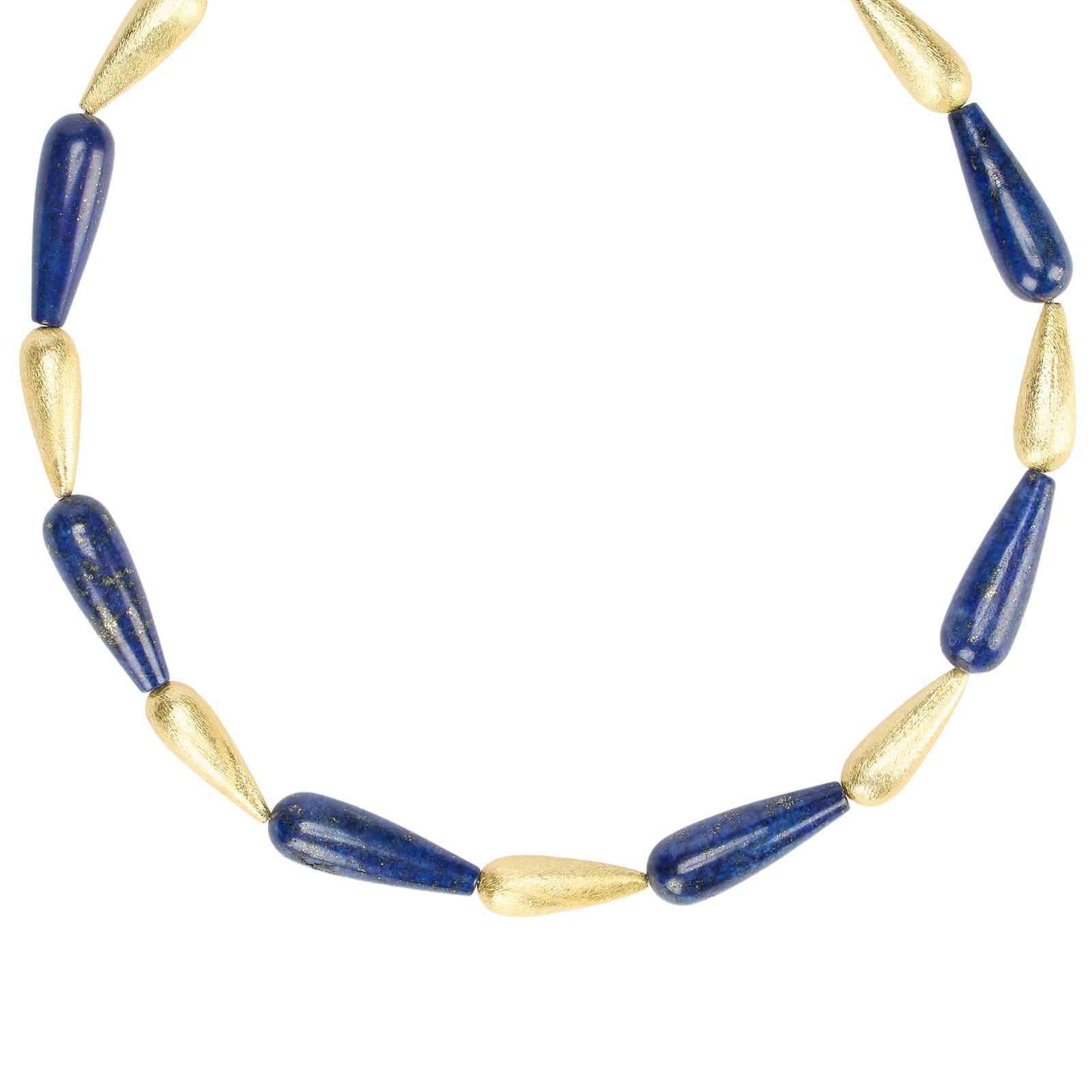 Necklace with blue and gold beads on a white background